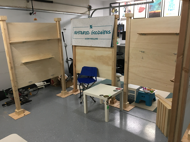 First test setup. I made 4 of these walls, drilled holes into measure areas in the sanded plywood for the pegboard clips and setup pieces of wood on them to create shelves.