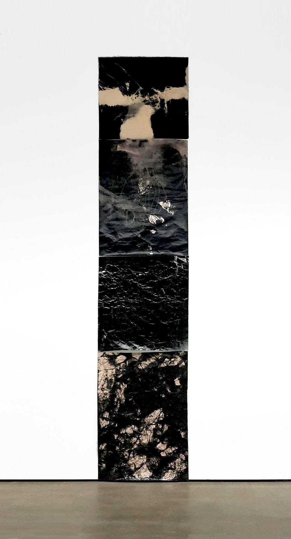 foldtogram tower 1 - 4 installation view Beeler Gallery, Columbus, OH 2019 dimensions variable The tower consists of 4 foldtograms— “photographic paper that has been manipulated through manual handling, light and heat activation and what Episalla calls “a wrong order” of darkroom protocols in forging new temporality and dimensionality.*“ — Jo-ey Tang, Director of Exhibitions Beeler Gallery * From Season One: arms /ache / avid / aeon: Nancy Brooks Brody, Joy Episalla, Zoe Leonard, Carrie Yamaoka: fierce pussy amplified Chapter THREE