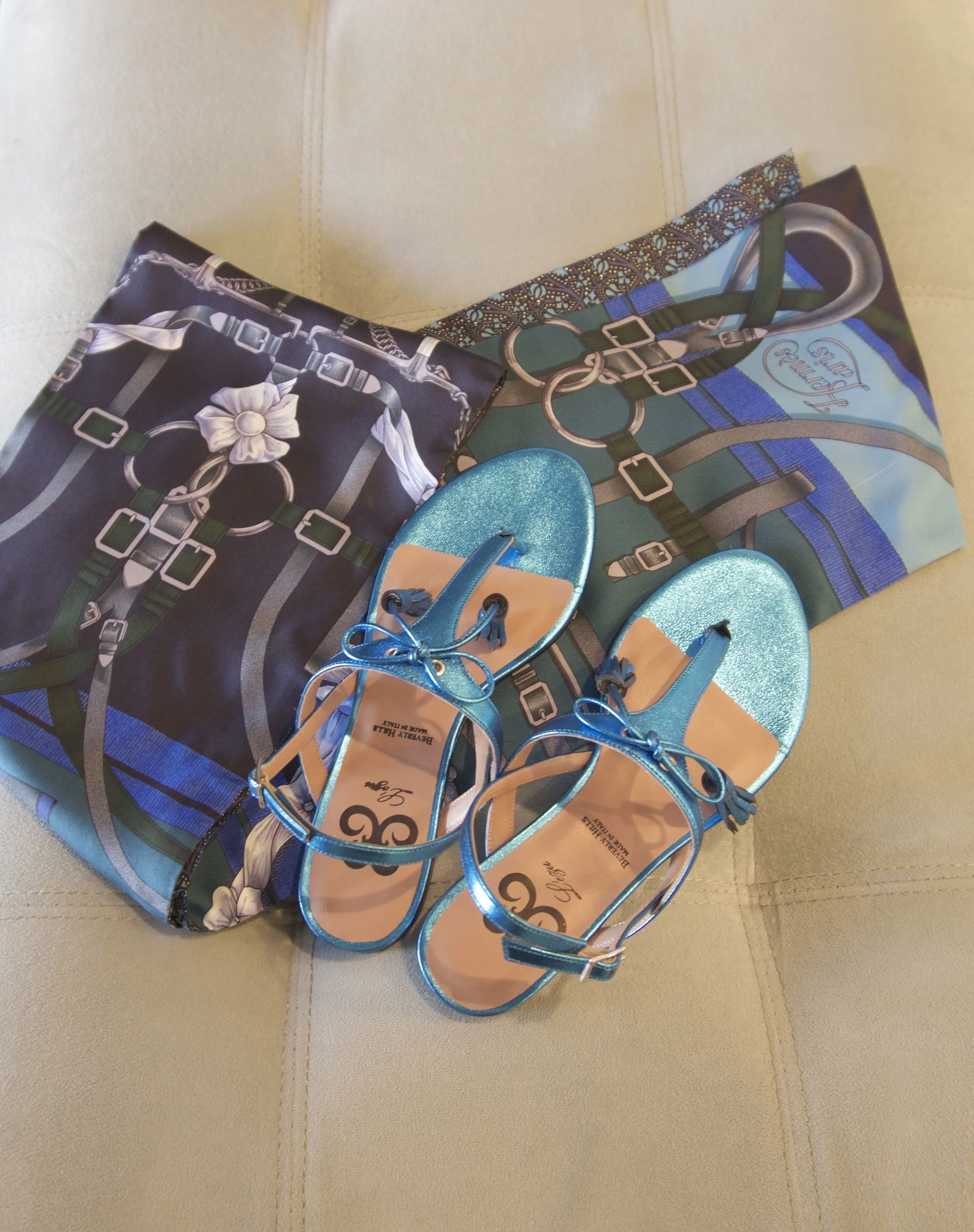 Blue t-strap sandals