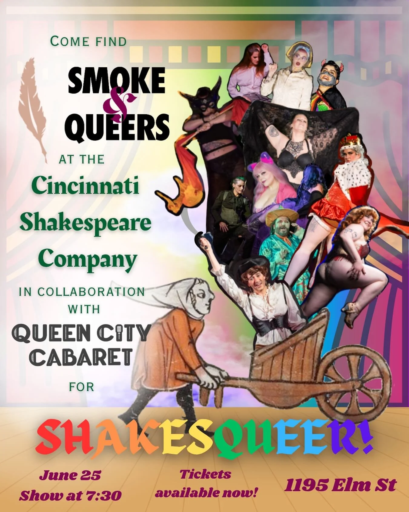 🌈 We have a flyer! 🌈 

Join an absolutely AMAZING cast for ShakesQueer as a part of Cincinnati Pride celebrations! A collaboration between @smokeandqueerscincy,  @cincyshakes, and @queencitycabaret &mdash; this show will have a combo of Shakespeare