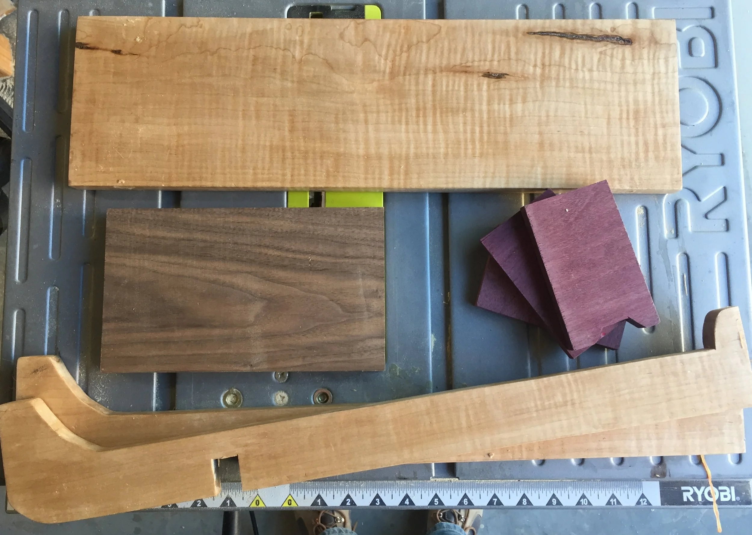  Started with some scrap materials of Curly maple, purple heart and walnut from a previous project. 