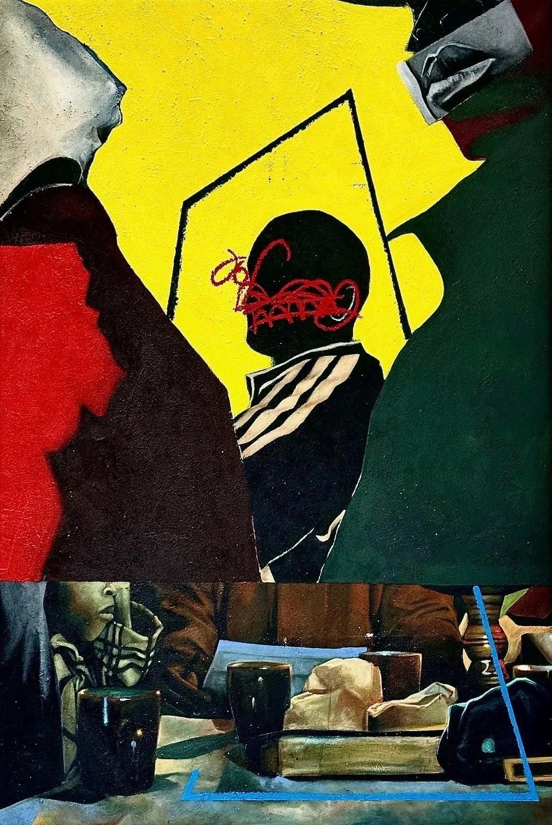 A mixed-media artwork featuring a painted mural of three abstract figures. The central figure has a black face with red graffiti-style writing over the eyes, and is set against a yellow background with a geometric shape around the head. The two other