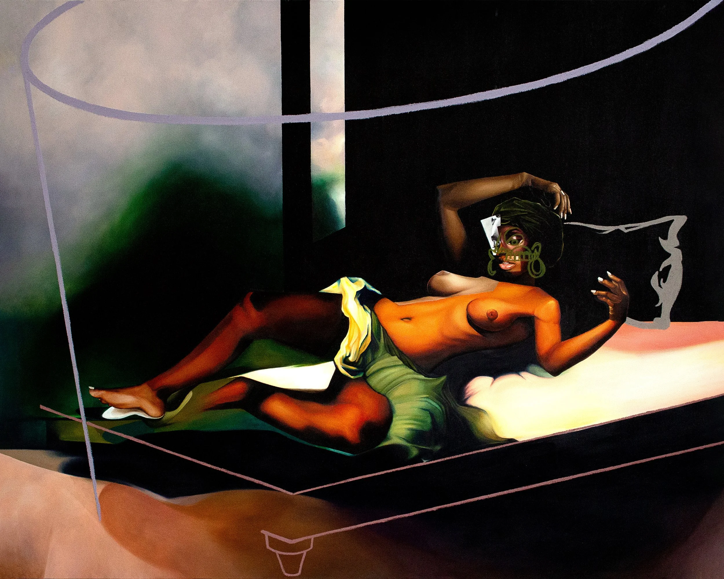 " UNTITLED | WOMAN AT REST" 2023
OIL , OIL PASTEL
ON CANVAS 
60IN X 72IN