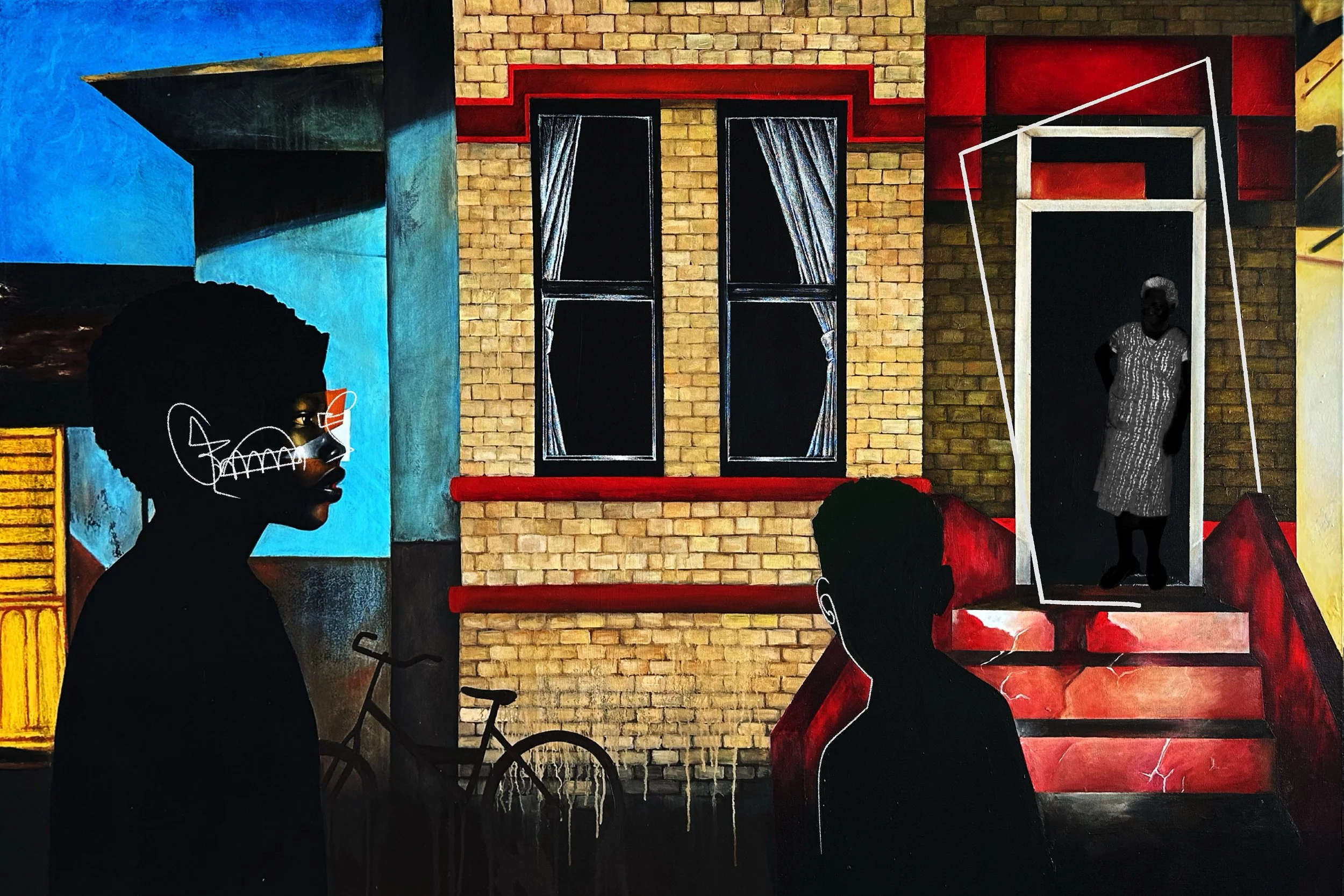 A mural depicting a scene outside a brick house with two large windows and an open door. In the foreground, there are two silhouetted figures of children, one with a white outline of a face drawn on it, and a bicycle leaning against the house. An old