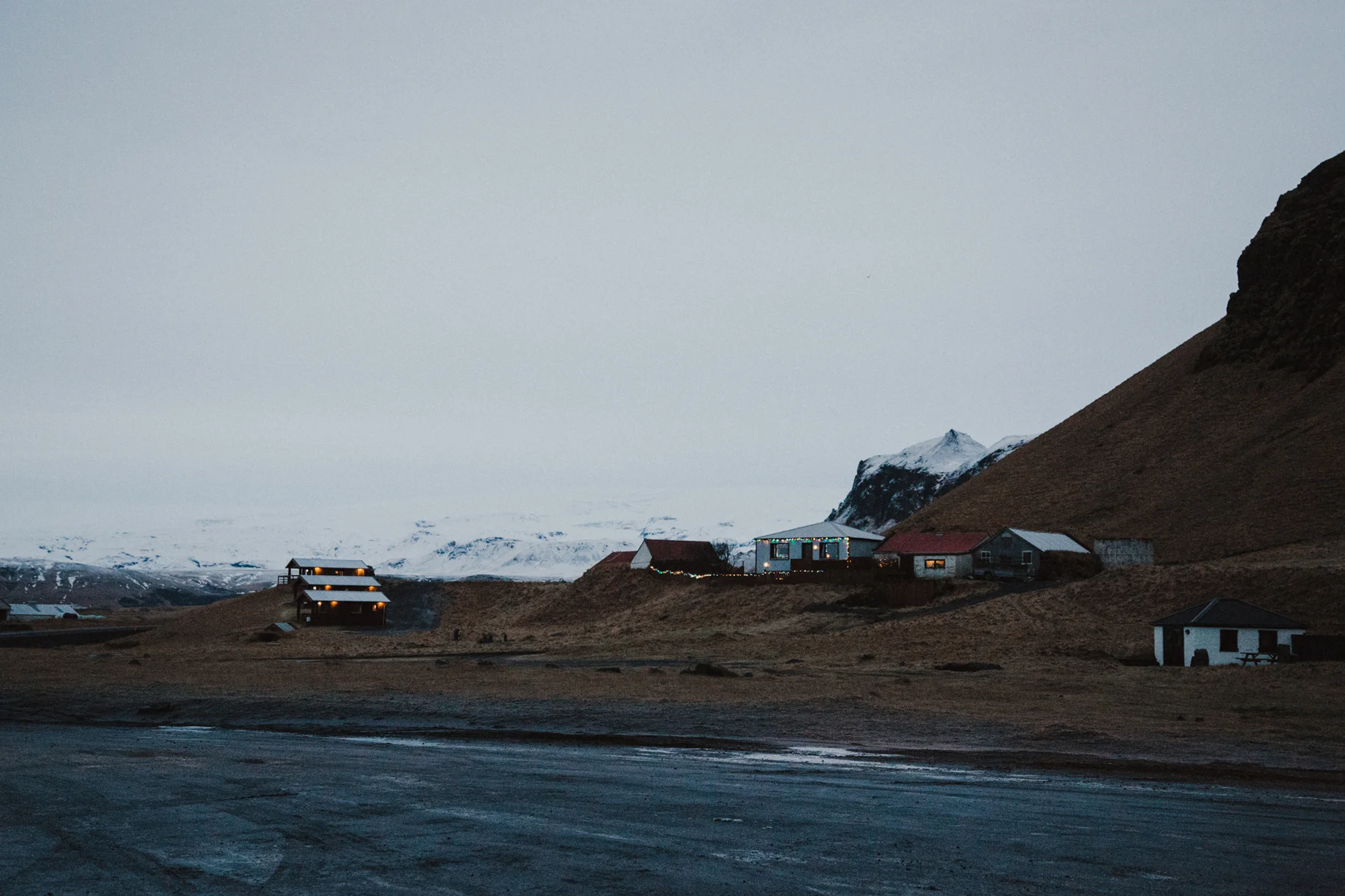 Cabins and lodge at sunset.