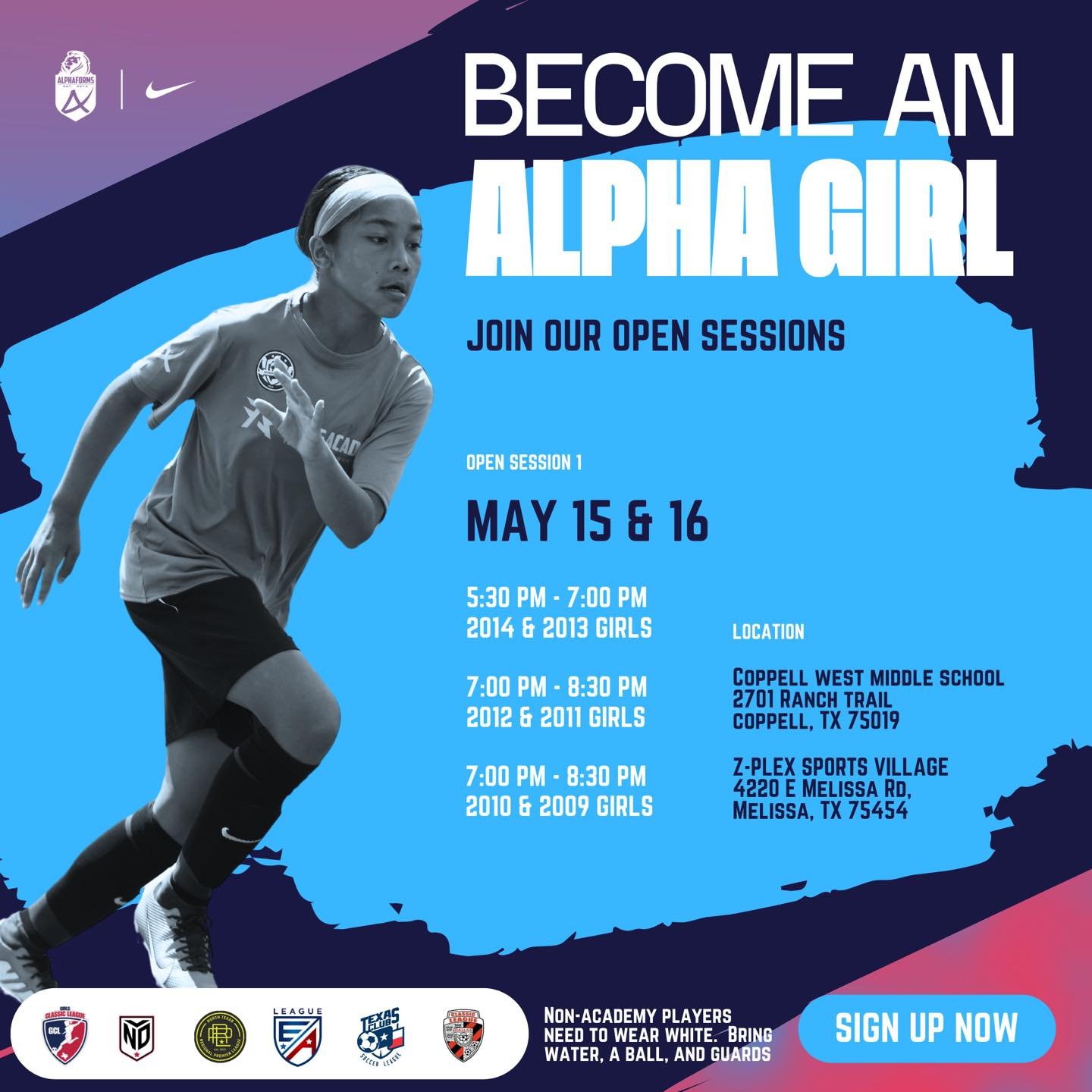 Become an ALPHA GIRL! Attention aspiring female soccer athletes! Join us today, May 16th, for our OPEN SESSIONS. Elevate your game and be part of our dedicated team. Don't miss this chance to showcase your talent on the field. We look forward to seei