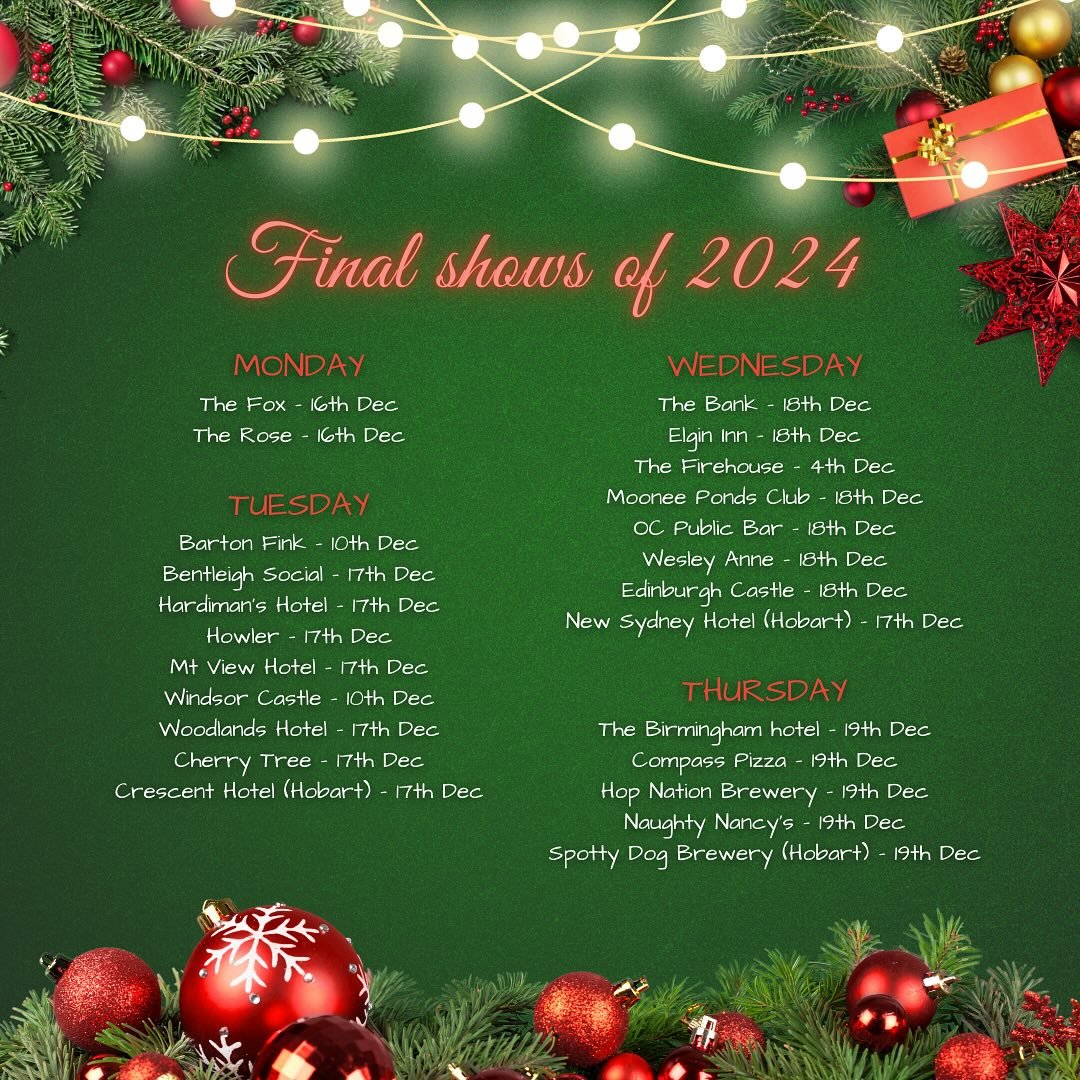 It&rsquo;s that time of year&hellip; PARTY TIME! 🍾🎁🪩
Here&rsquo;s all our final shows for 2024 and return dates for 2015. 
.
Book your spot at your local venue and let&rsquo;s go BIG! 
Enjoy your party season legends. 

#trivia #christmas #party #