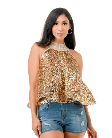 Gold sequin ruffle blouse