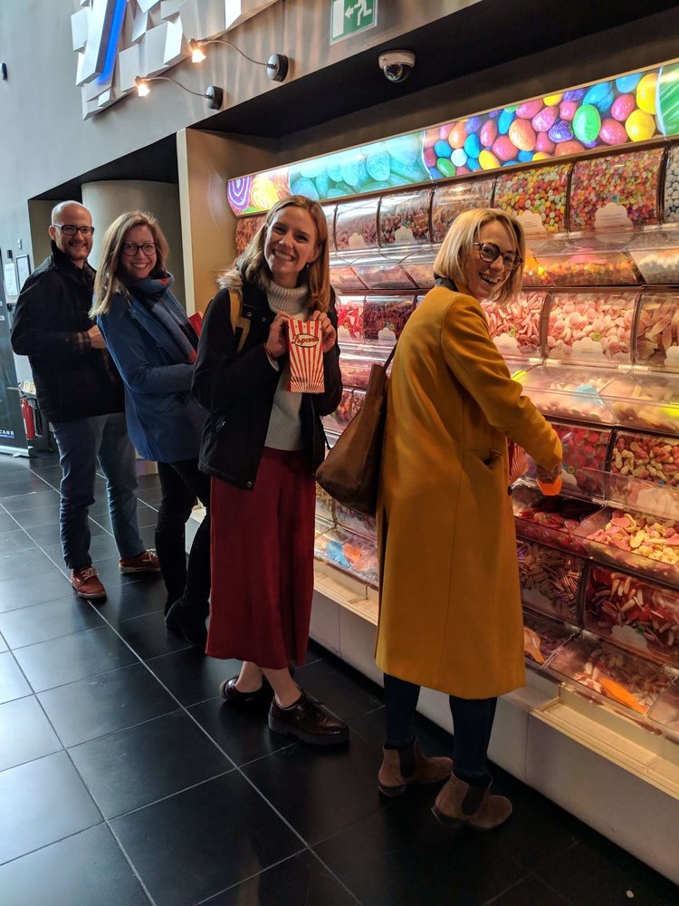 A trip to the cinema calls for pick-n-mix… From left: Jacob (MWC Intern), Sara (Policy Projects Manager), Noa (Communications Officer), and Katrina (Director). 📷: Harriet (Project Manager).