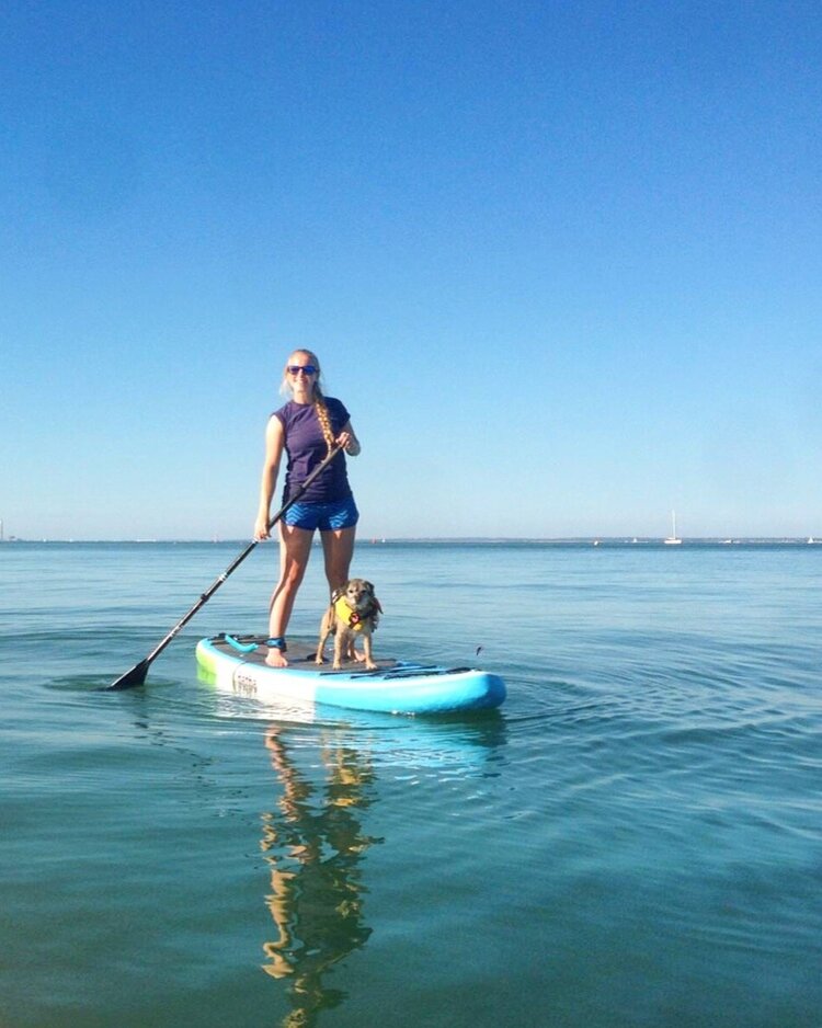 Isle of Wight paddleboarding with Ntombi the dog (wearing a life jacket, of course!)