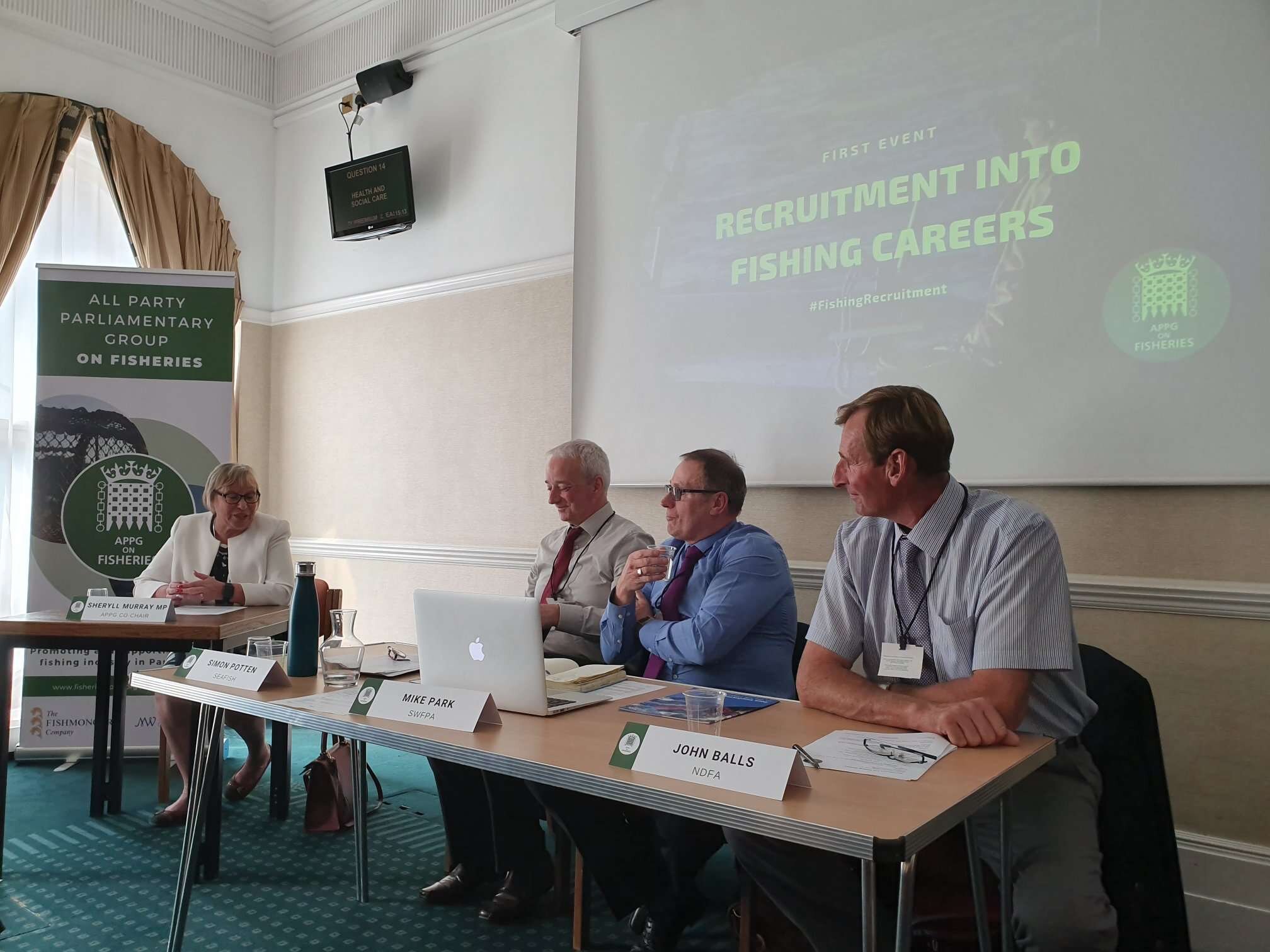 APPG on Fisheries event ‘Recruitment into fishing careers’ led by MP Sheryll Murray, with Simon Potten, Mike Park, and John Balls on the panel.