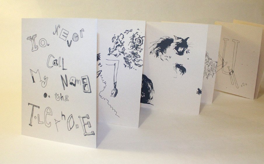 Hugo Marchal YOU NEVER CALL MY NAME ON THE TELEPHONE 14 pages (“Leporello”) — grey ink — light brown paper 14 x 20 cm (196 x 20 cm extended) — in a blister