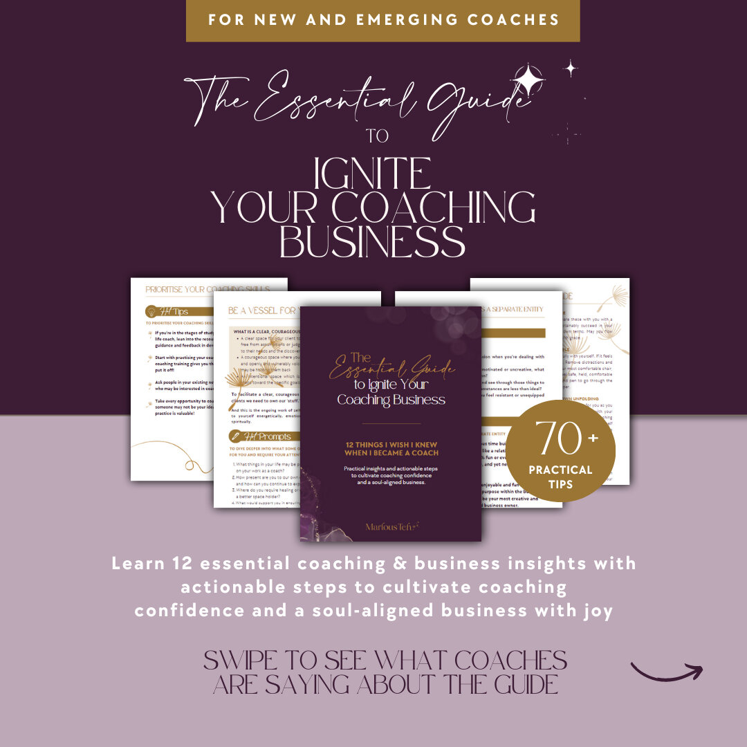 Here she is - the Essential Guide To Ignite Your Coaching Business - for new and emerging coaches.​​​​​​​​​
Learn 12 valuable coaching and business insights I wish I knew when I started my coaching business and get actionable steps to cultivate coach