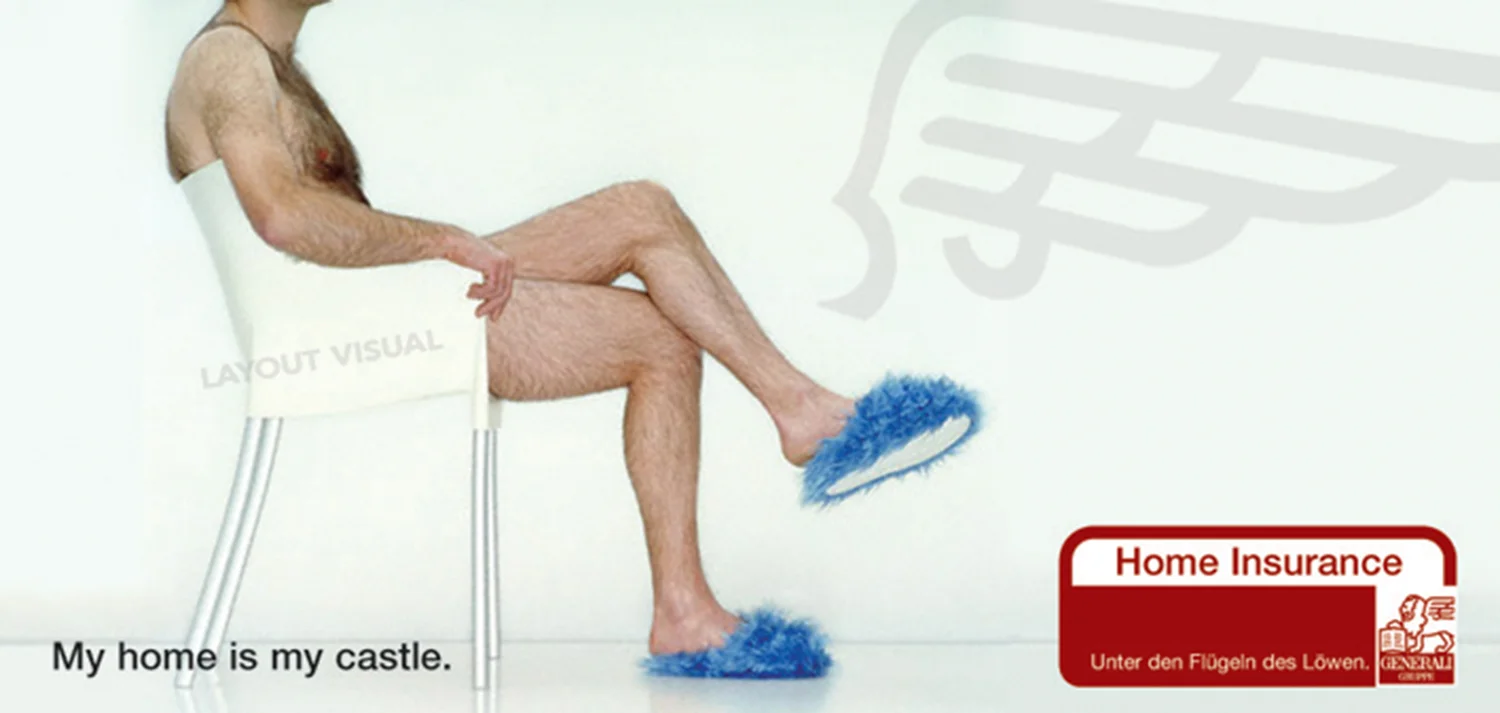GENERALI Home financing - Headline: My home is my castle. - Subhead: Under the wings of the lion. GENERALI Hausfinanzierung - Headline: Traues Heim. Glück allein. - Subhead: Unter den Flügeln des Löwen.