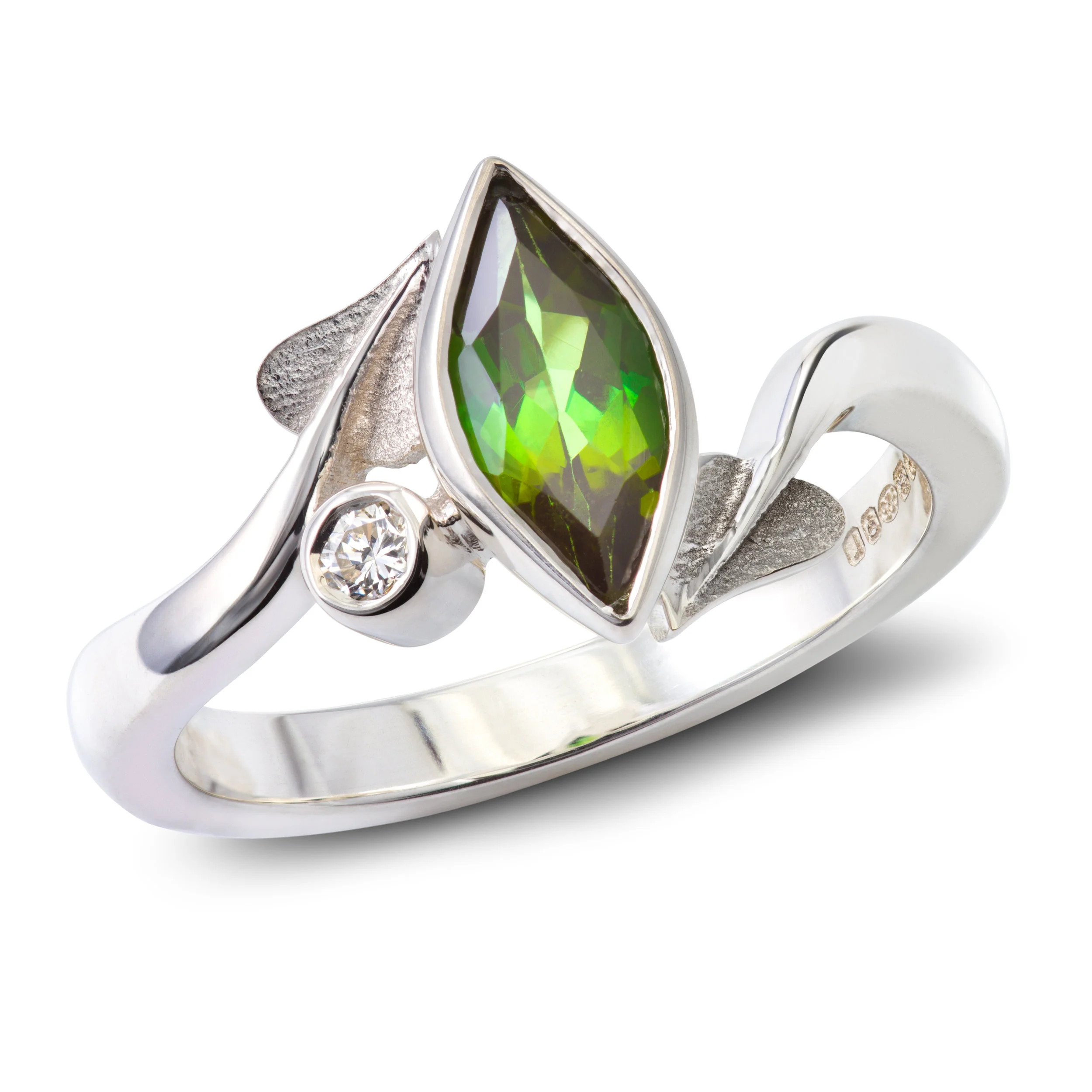 Bespoke silver, tourmaline and diamond engagement ring commission