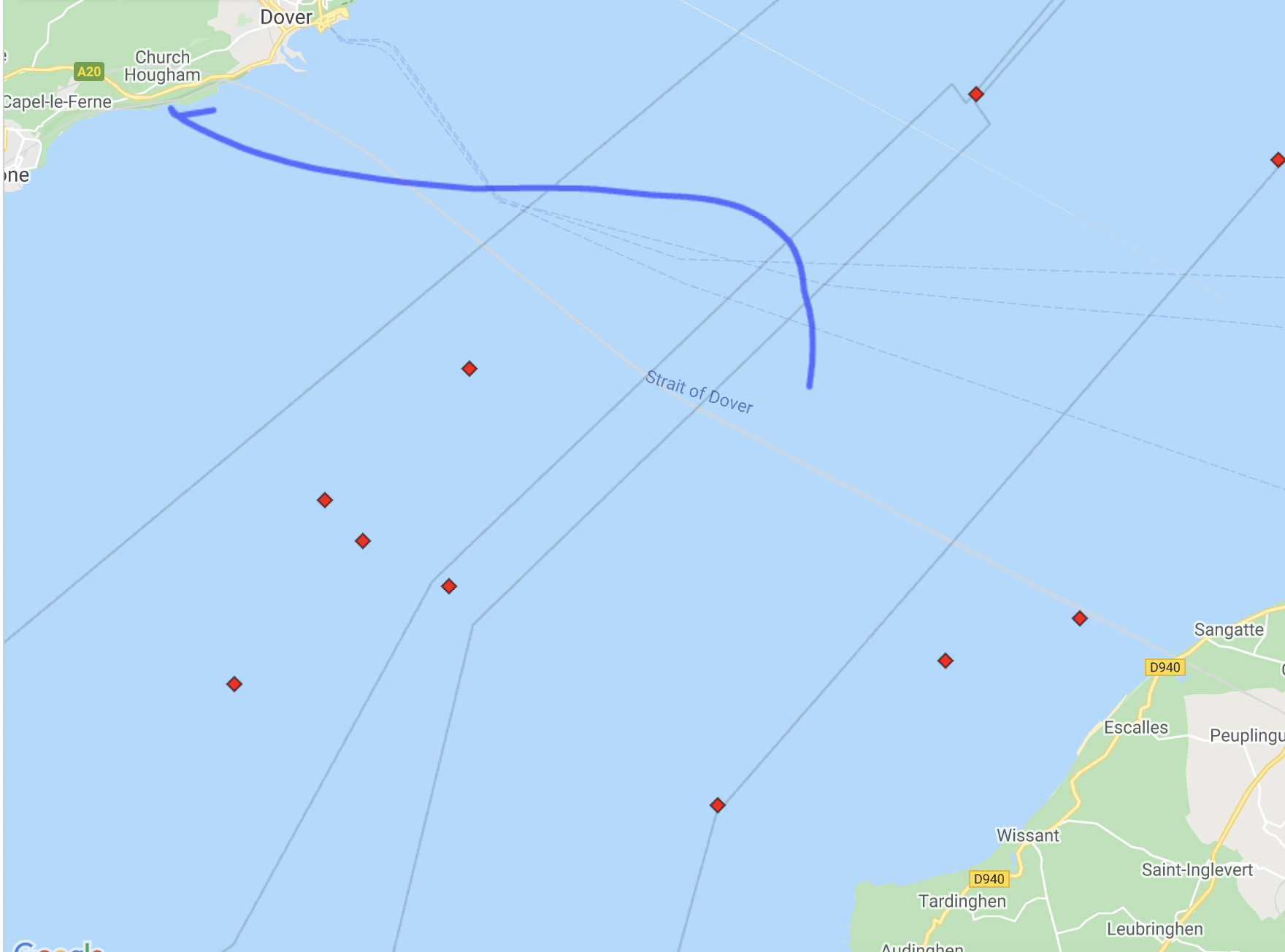 Steven’s second swim.  Well into the NE lane now.  Notice the little wiggle in the track?  It’s the first year that we’ve noticed this happen, but quite a few tracks have a wiggle at that point.  It must be due to a sudden depth change at that point in the channel.