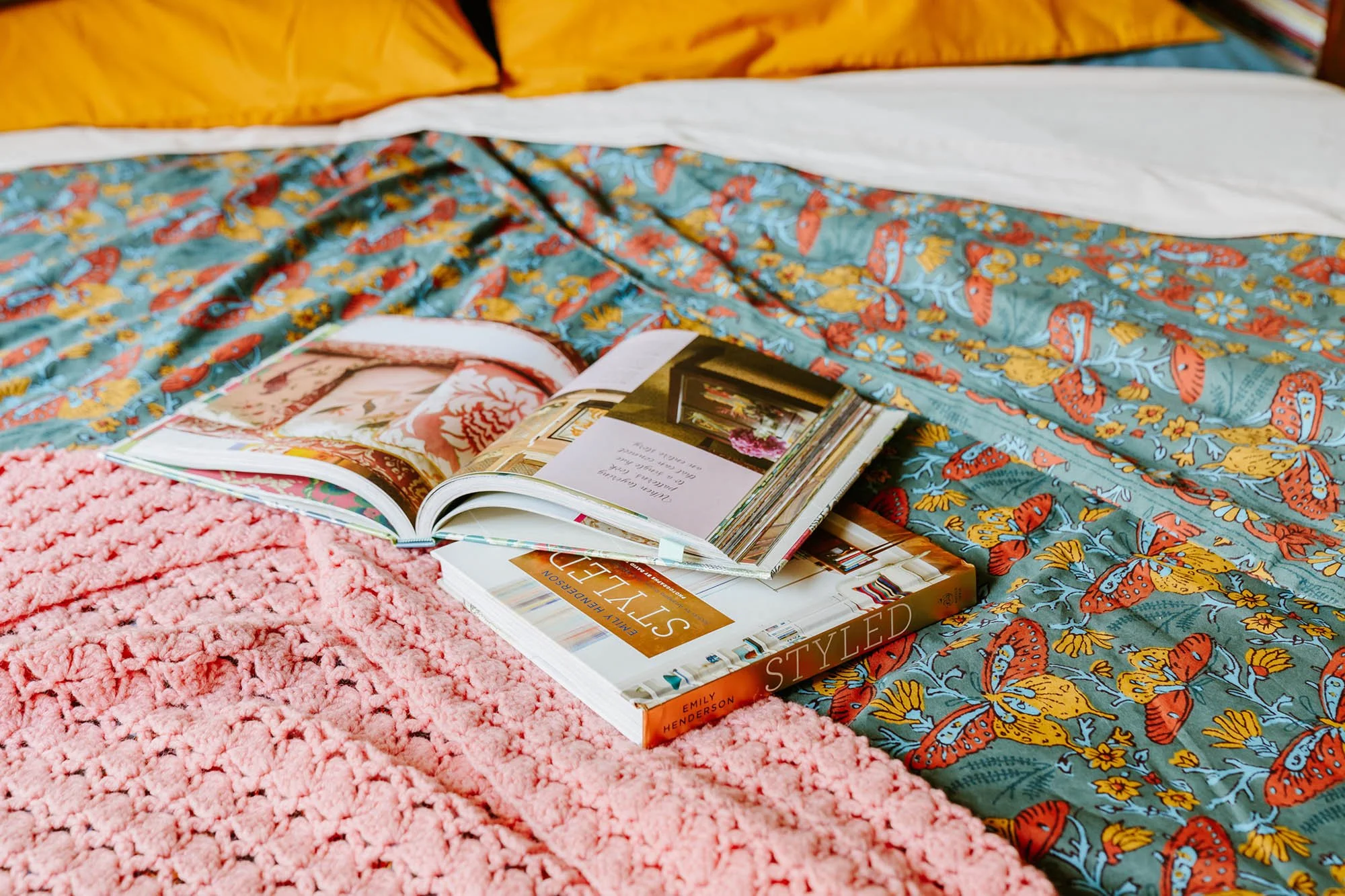 Interior photography of a bright, colourful bedroom by Worker Bee Supply.