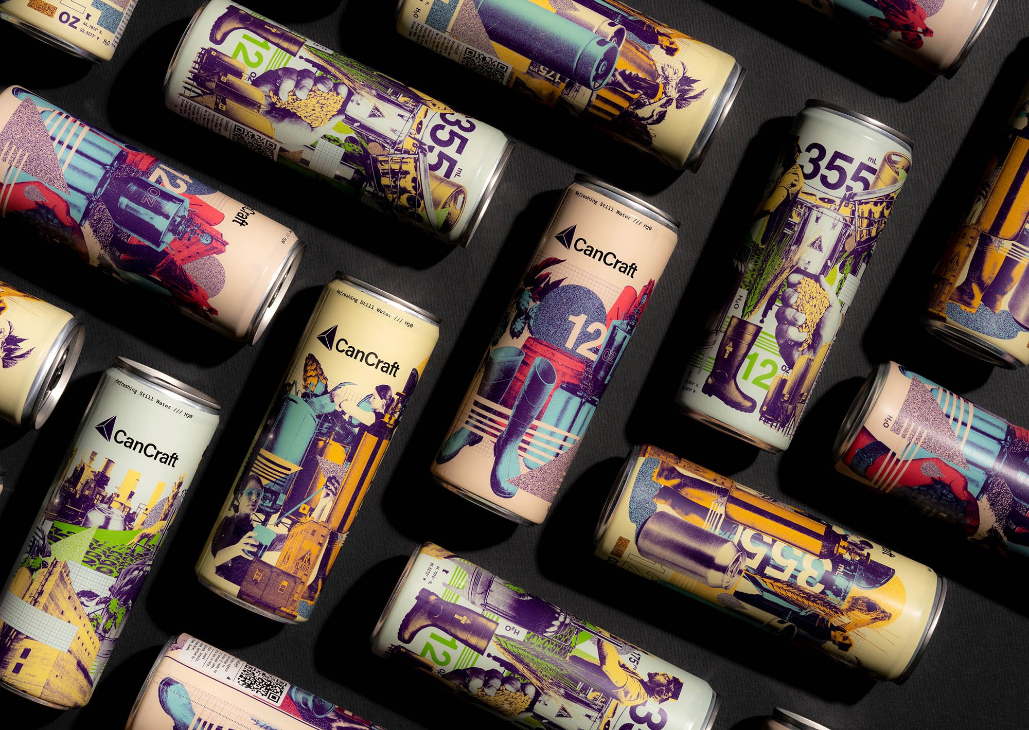 Overhead product photography of a variety of colourful cans of still water.