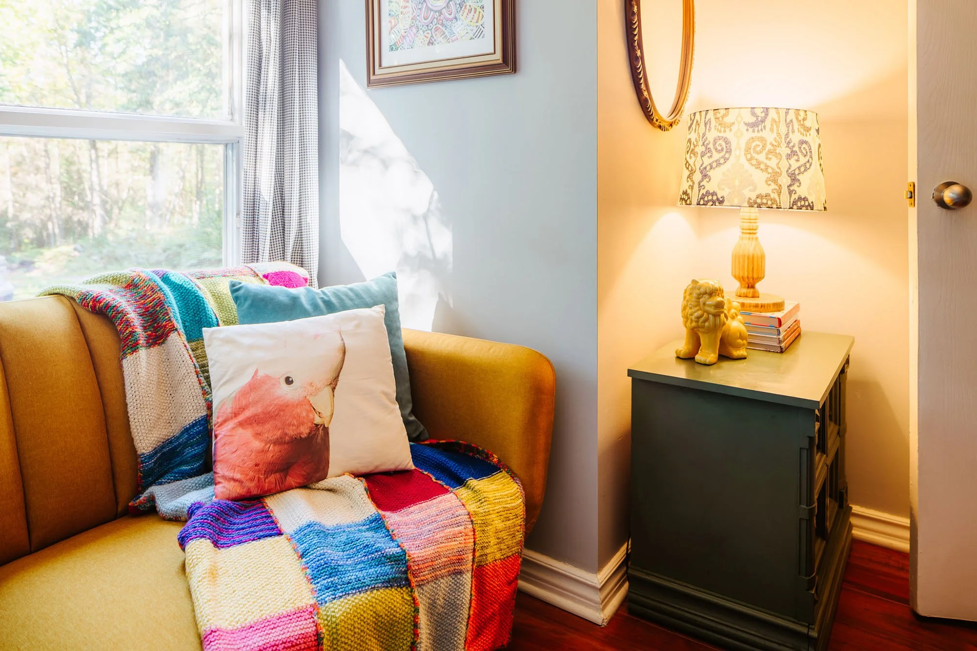 Interior photography of bright, colourful living room by Worker Bee Supply.