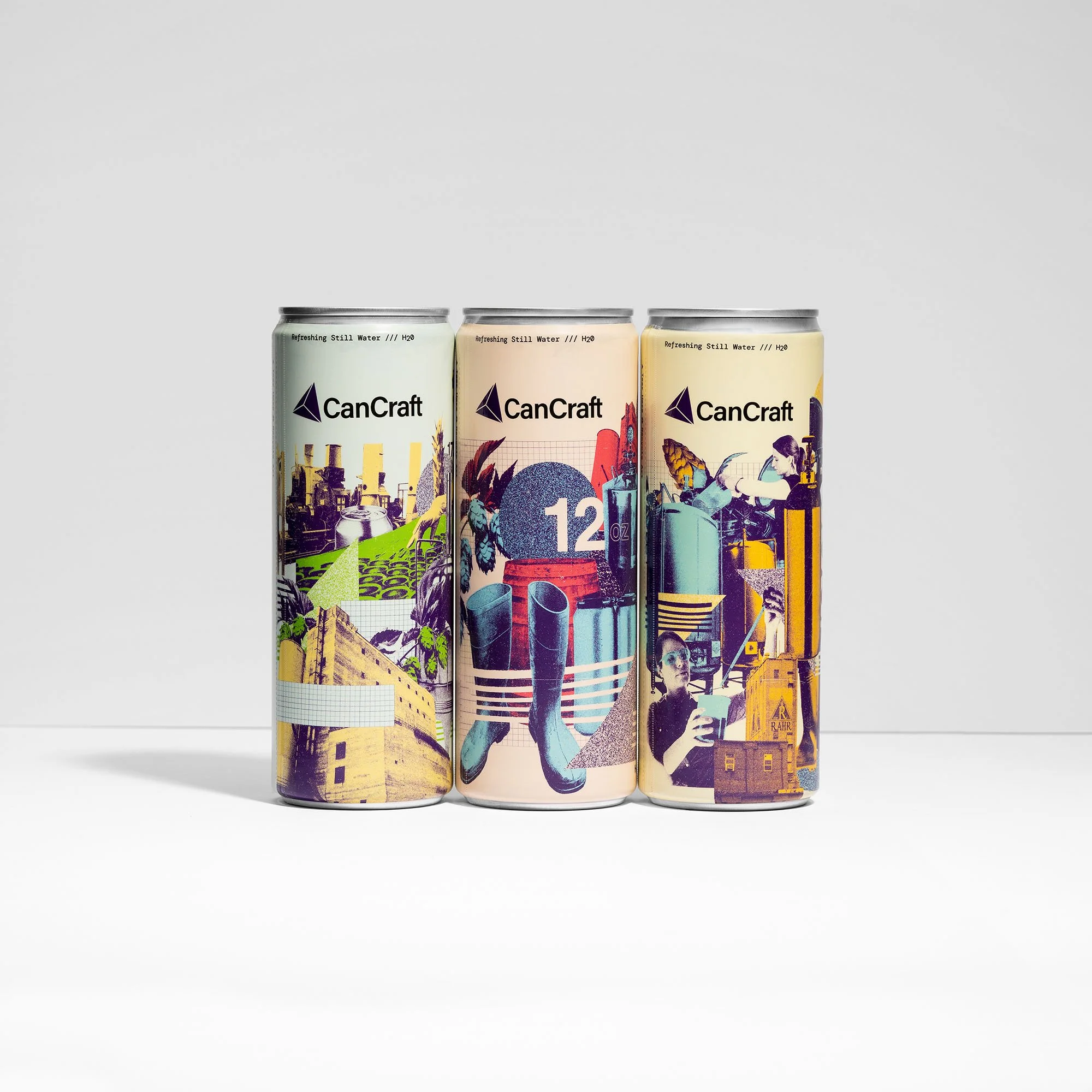 Three Can Craft collage art cans on a white background