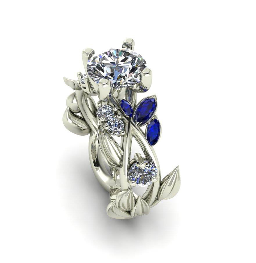 sapphire and diamond leaf ring