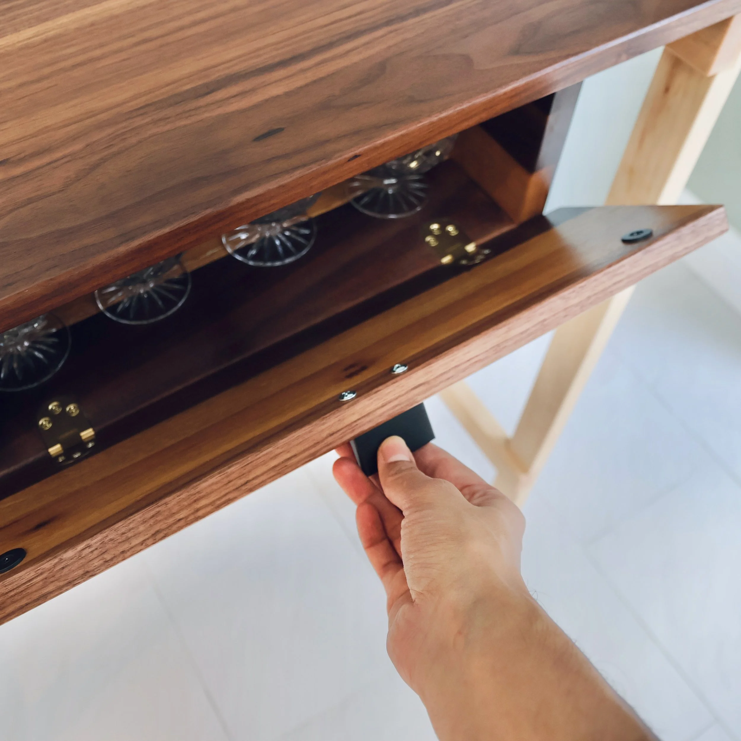 Bespoke walnut and maple console table with lay flat drawer opening