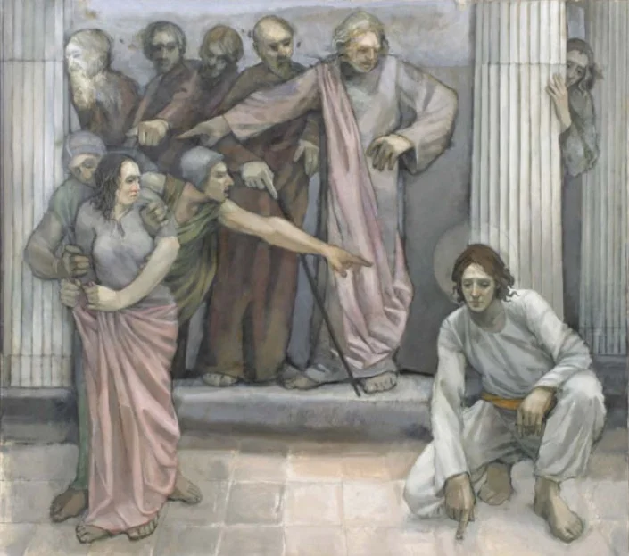 Bruce Hixson Smith (Utah, b. 1936) Woman Taken in Adultery (2002). Mixed media on canvas. Church Museum of History & Art. Not currently on display. 