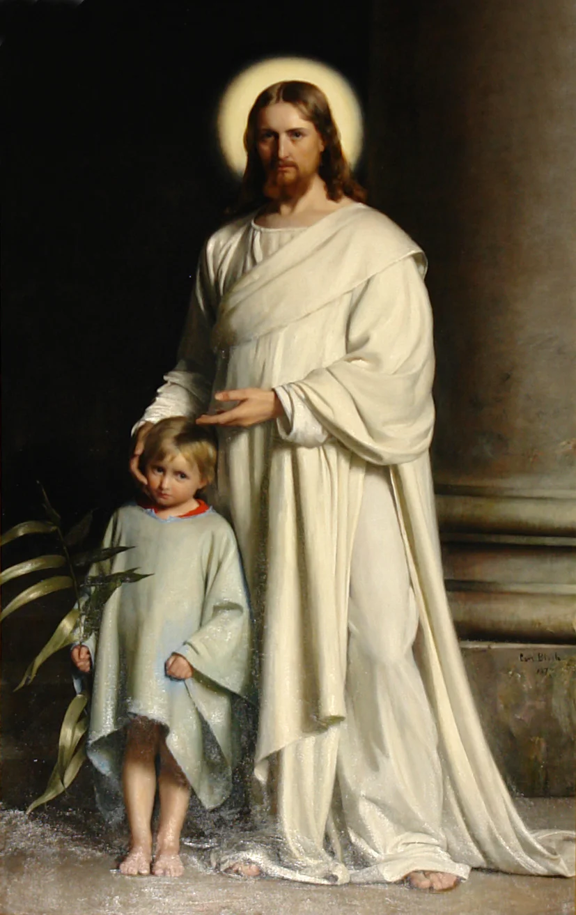 Christ and Child (1873) by Carl Bloch (Danish, 1834-1890). Oil on Canvas. 151 5/8 x 63 in. Collection of Skt. Nikolai Kirke Holbaek, Denmark.