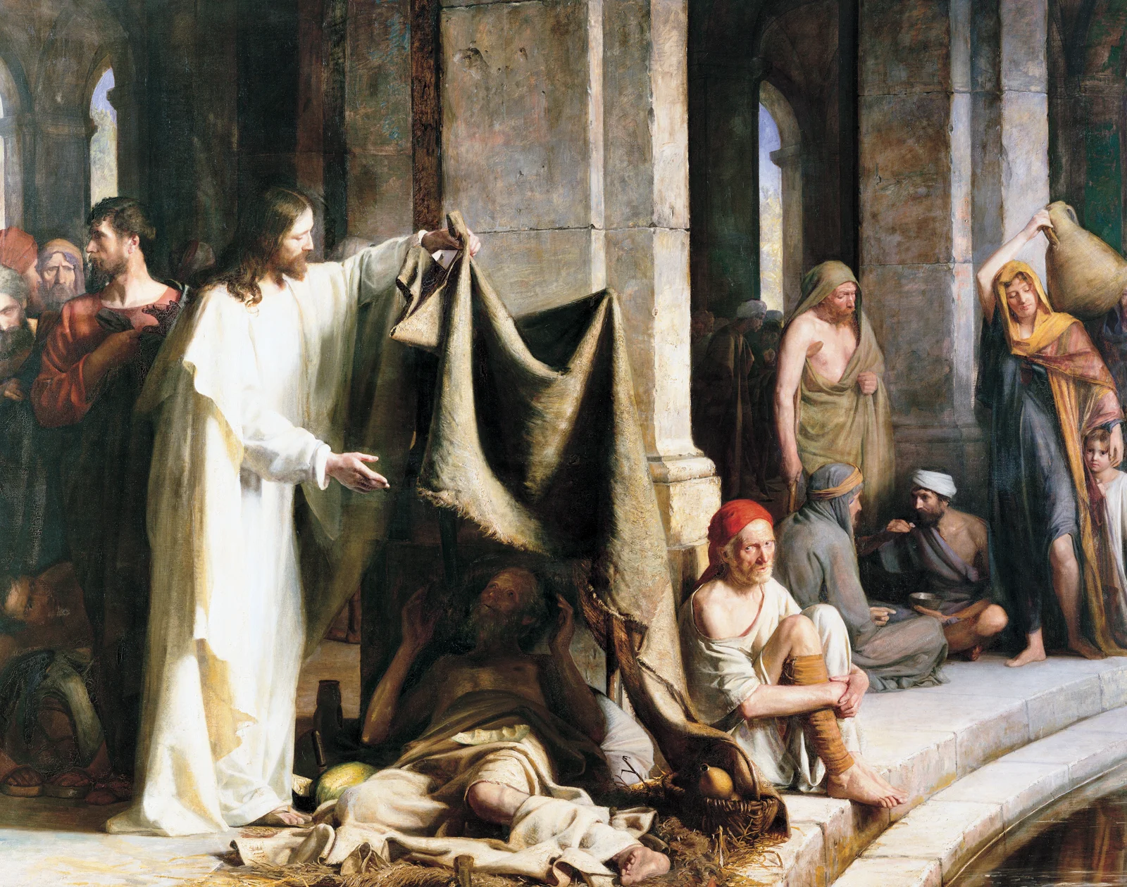 Christ Healing the Sick at Bethesda , by Carl Heinrich Bloch (Danish, 1834-1890). Oil on Canvas. 111 x 126 in. BYU Museum of Art. 