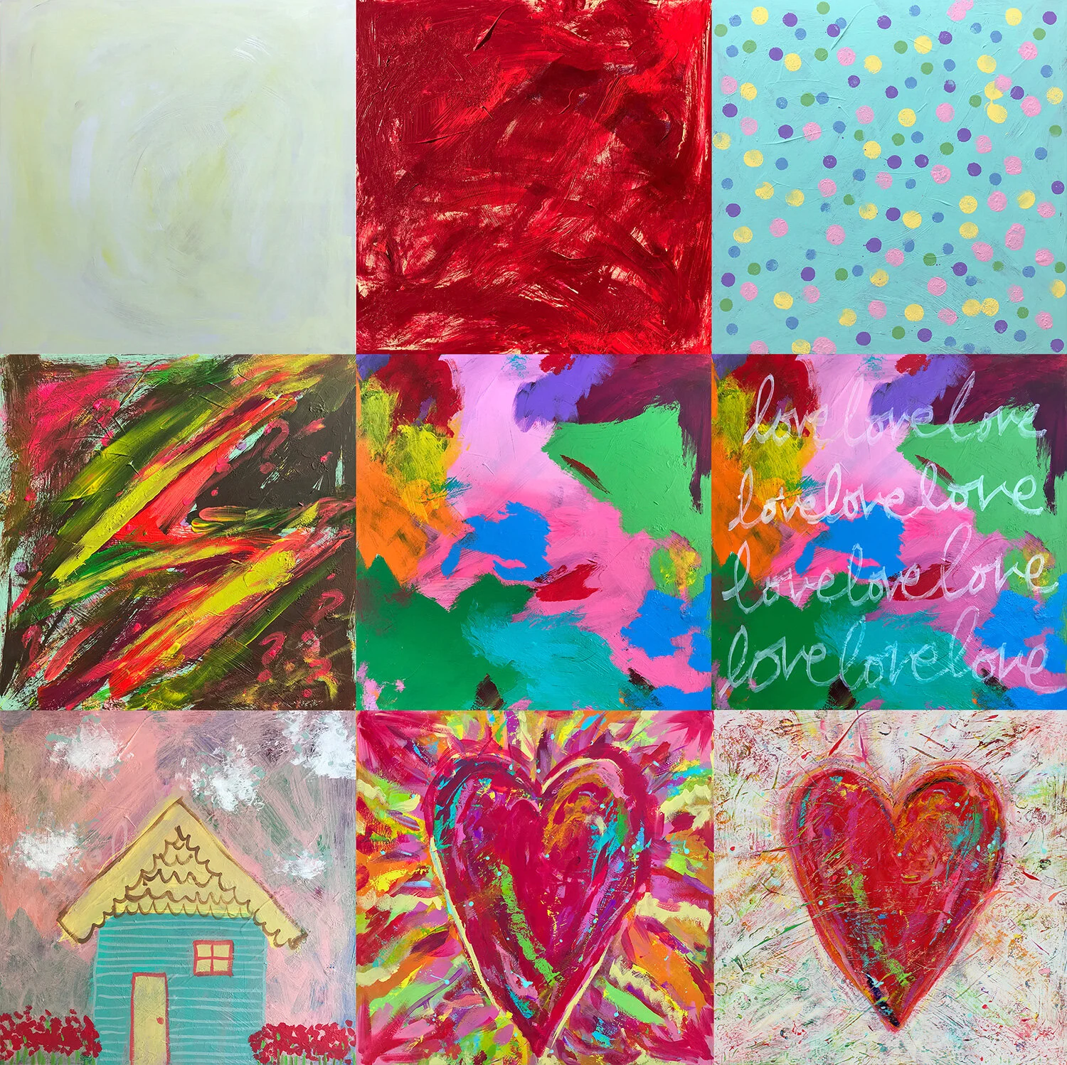 Tonya Vistaunet. There Is No End to Love (2019), pictured from its first stage (upper left) to final version (lower right).
