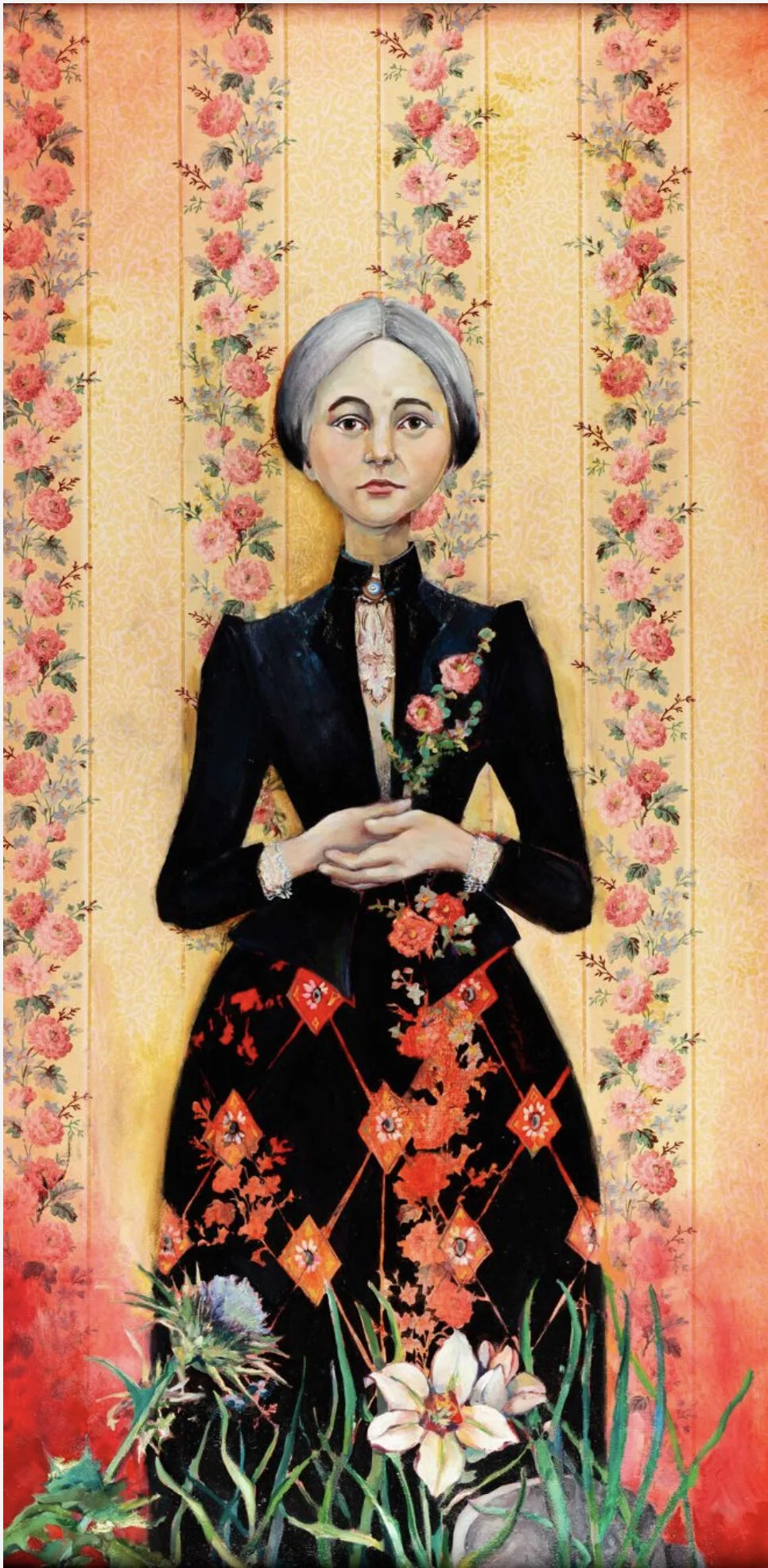 Cassandra Barney. Thistles & Lilies (2018) Oil and antique wallpaper on panel. On view at the International Church Art Competition, Church History Museum. Salt Lake City.