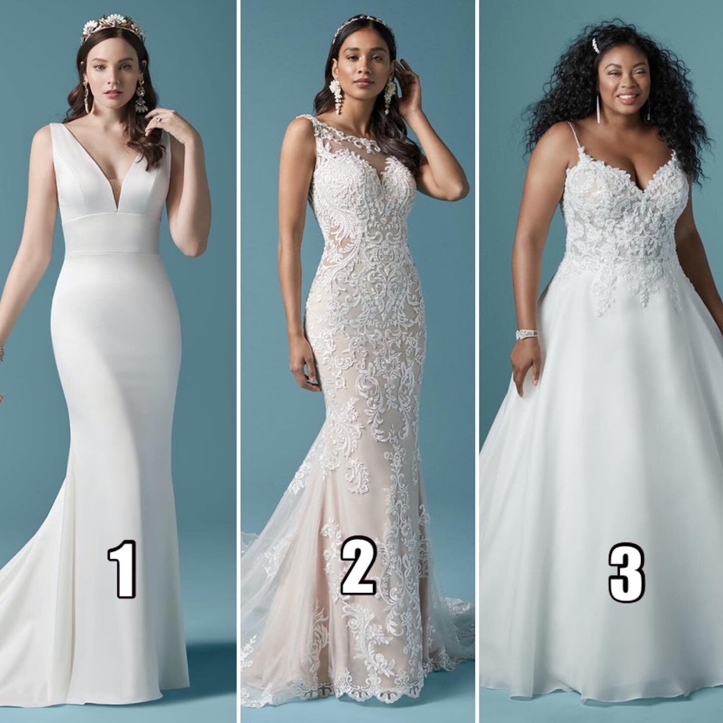 Battle of the dresses! 👀Which one speaks to you? @maggiesotterodesigns 
&bull;
&bull;
&bull;
Book your appointment to see all of our newest arrivals! Our FABULOUS consultants are ready to help find your dream gown ☁️👏🏼

#whichdress #maggiesottero 