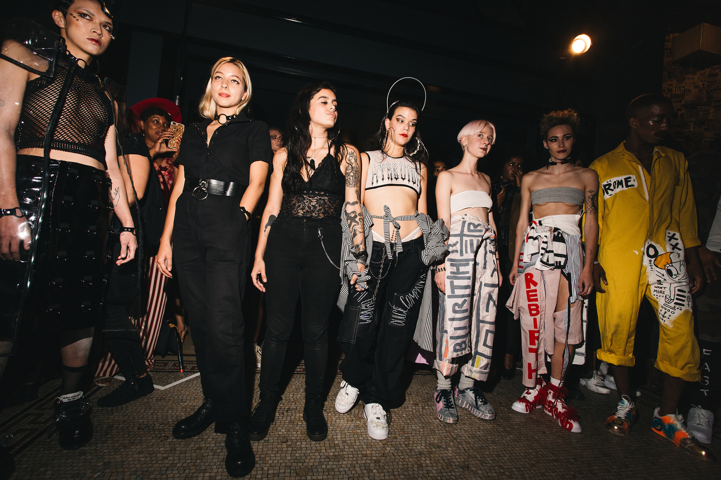 MI and Kristen (2nd and 3rd from right) after OR debut at DRØME's NYFW September 2017 fashion show at the Ace Hotel