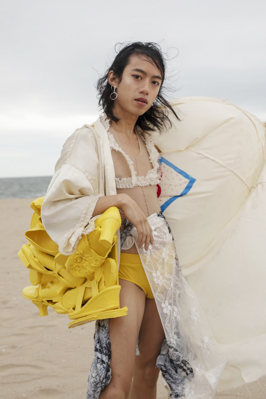 yen in “queer the beach” OR’s non-binary swimwear collection featured in PAPER