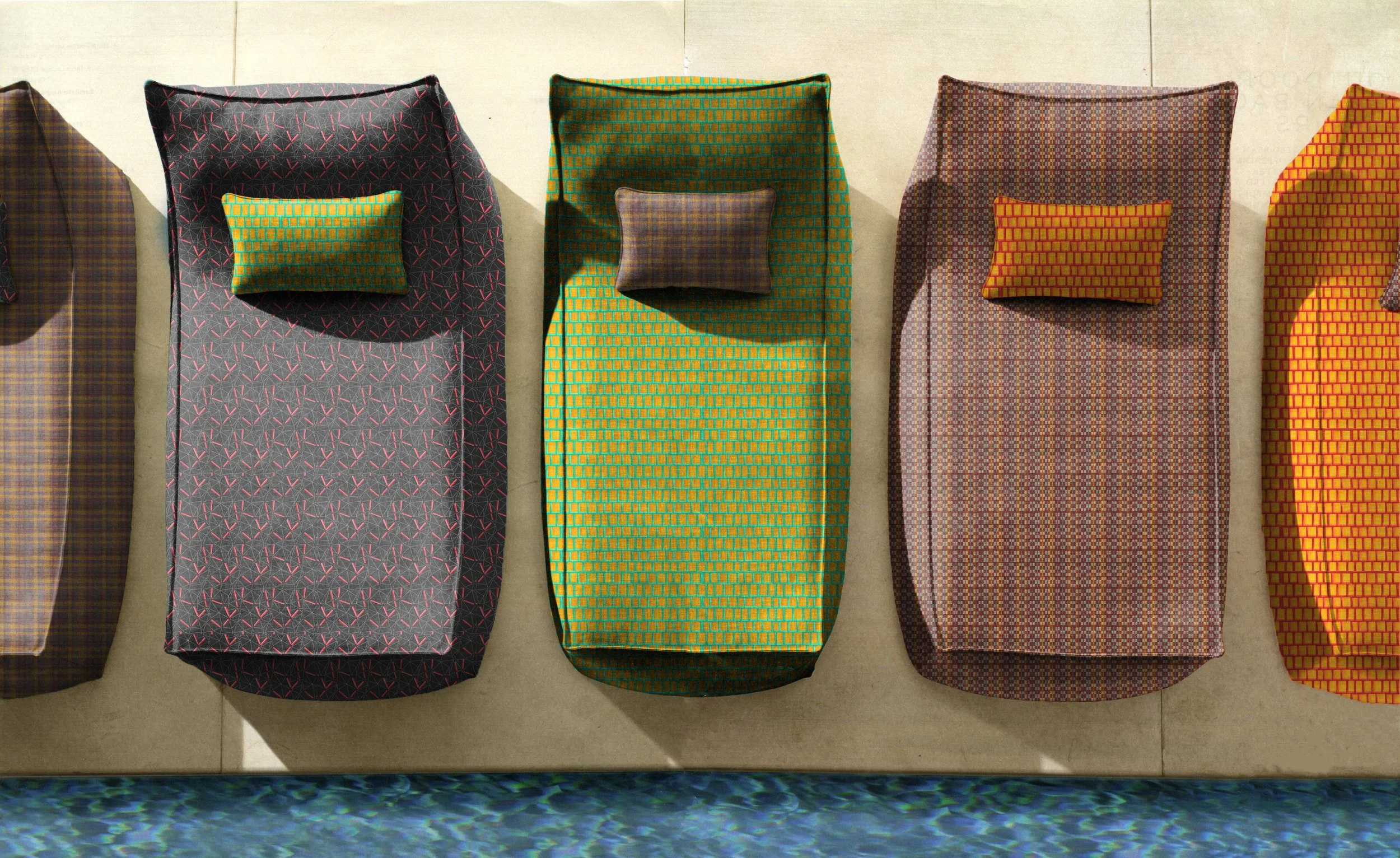 My BFA portfolio collection of hand wovens and digital prints on linen texture mapped on indoor/outdoor furniture and home products using Adobe Photoshop.