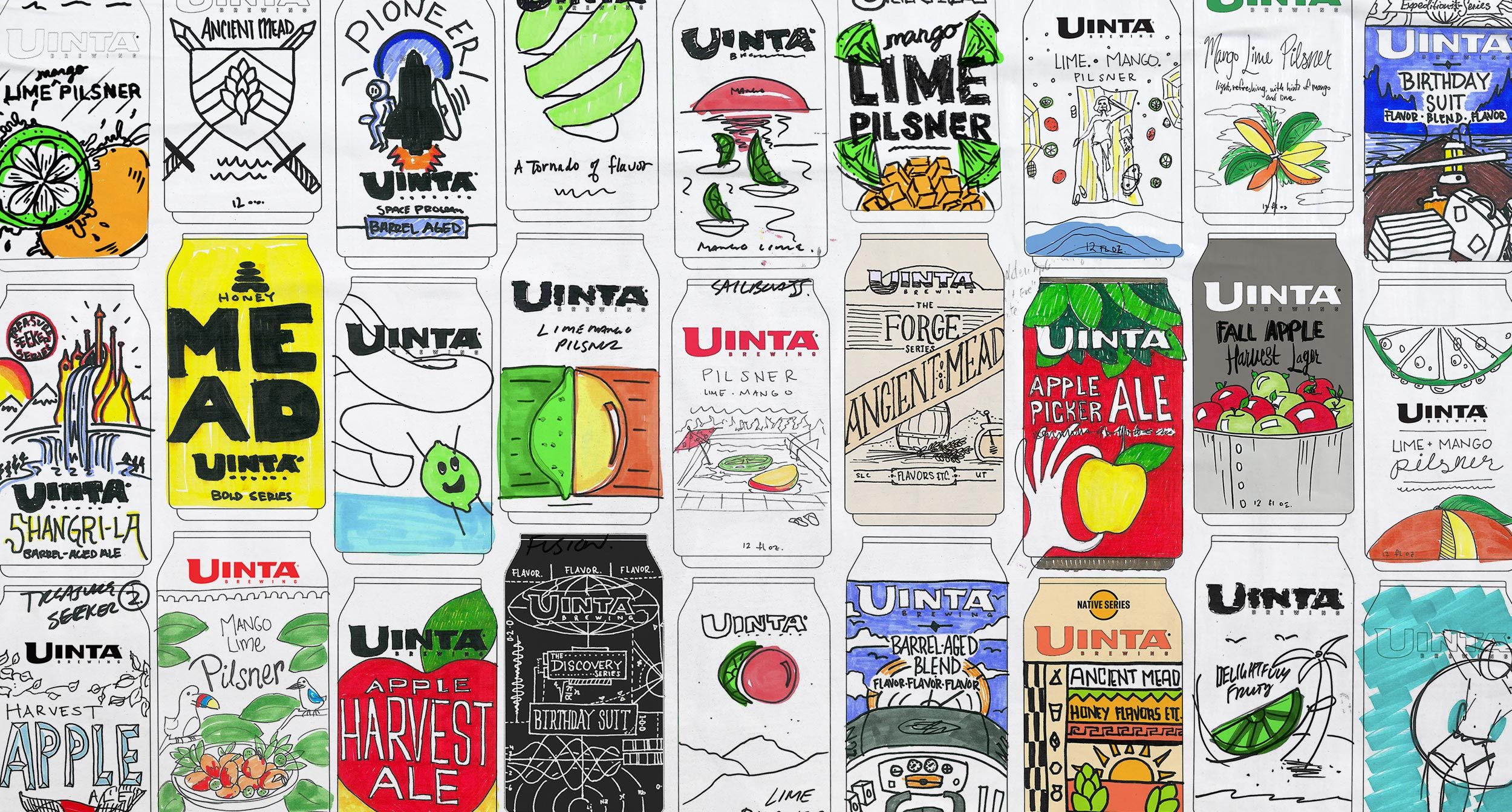Page one of initial sketches for Uinta packaging design.