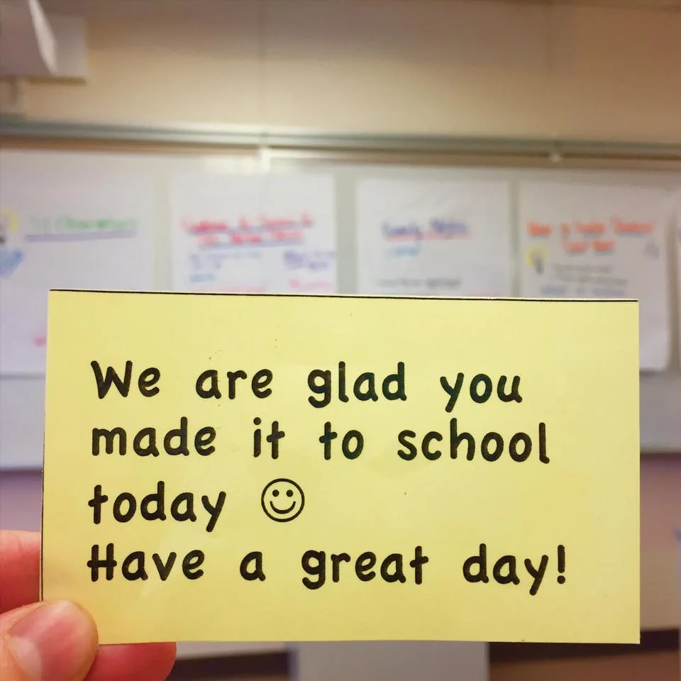 Through staff training, collaborative planning (see posters in background) and implementation of practices such as morning greeters at the front door and these "We are glad you made it to school today" slips in place of tardy slips, Northwood has experienced some real shifts. In fact, according to the School Climate and Connectedness Survey, 79% of their 6th graders agreed with the statement "I can name at least 5 adults who really care about me," which is a 29% improvement from last year! This work really does make a difference.