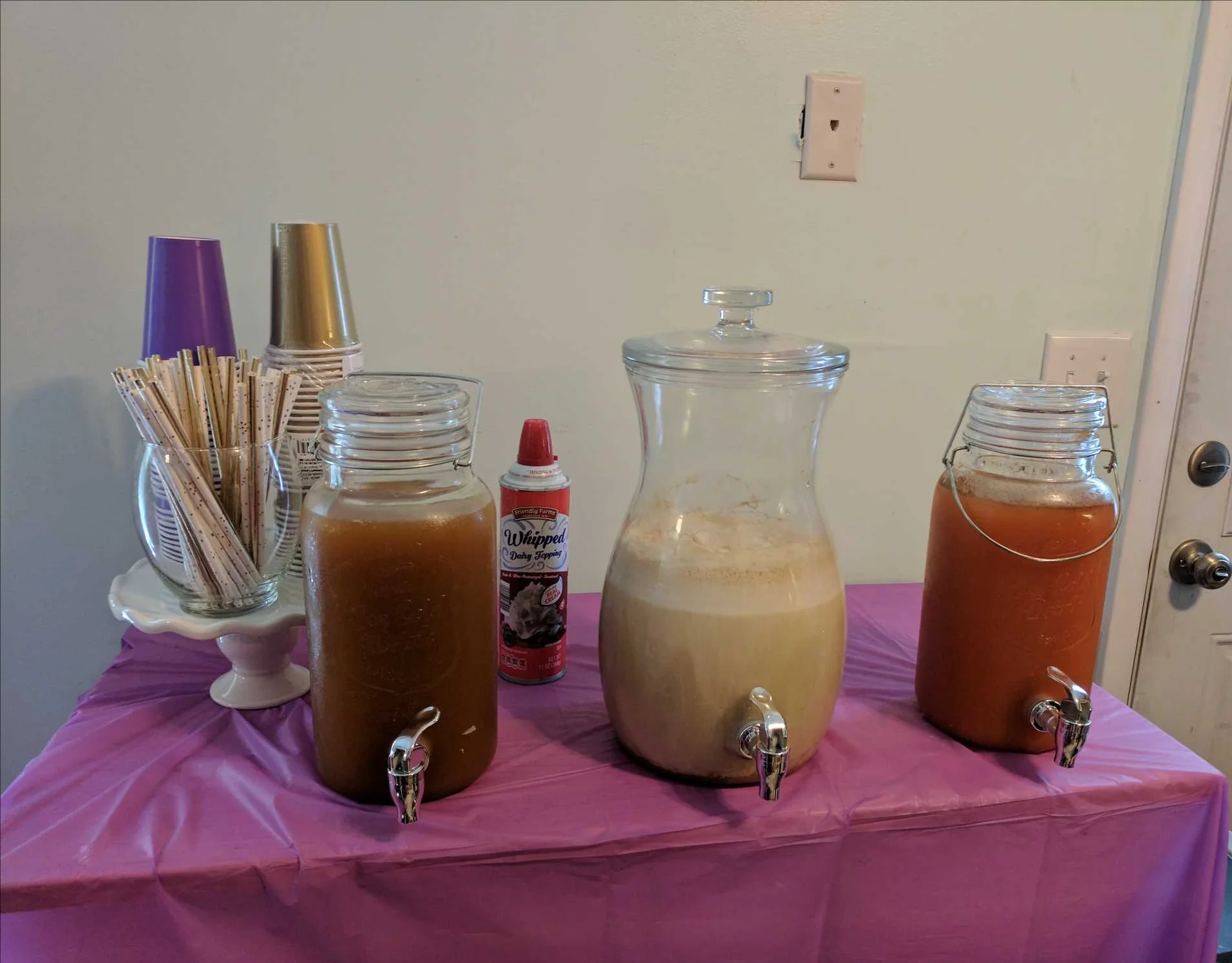 Cider, butterbeer (non-alcoholic), and pumpkin juice