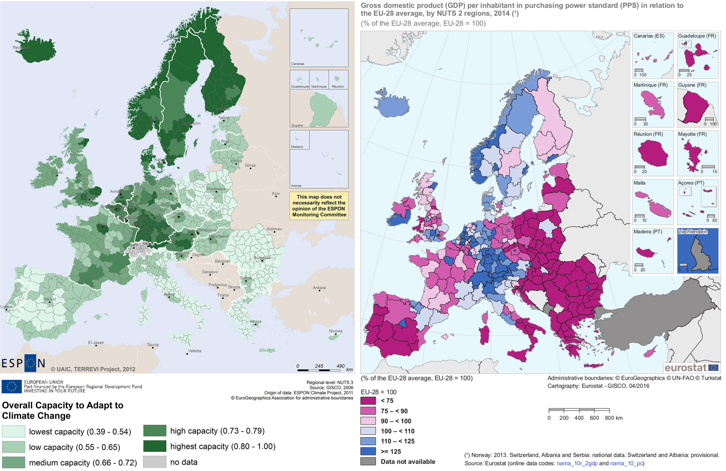 Adaptive capacity (left) and GDP per capita (right). Sources: http://espon-terrevi.t33.it/wp-content/uploads/2014/02/Combined-adaptive-capacity-to-climate-change-2011.jpg(left) http://ec.europa.eu/eurostat/statistics-explained/index.php/File:Gross_domestic_product_(GDP)_per_inhabitant_in_purchasing_power_standard_(PPS)_in_relation_to_the_EU-28_average,_by_NUTS_2_regions,_2014_(%C2%B9)_(%25_of_the_EU-28_average,_EU-28_%3D_100)_RYB2016.png (right)