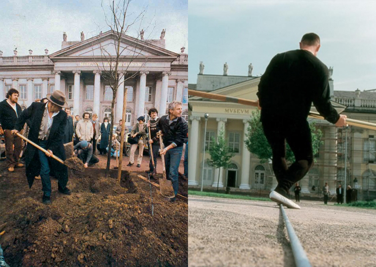 Beuys, J. (1982-87) 7000 Oakes (left); Muelller, C.P. (1997) A Balancing Act . Source of both images: http://www.christianphilippmueller.net/index/works/a-balancing-act