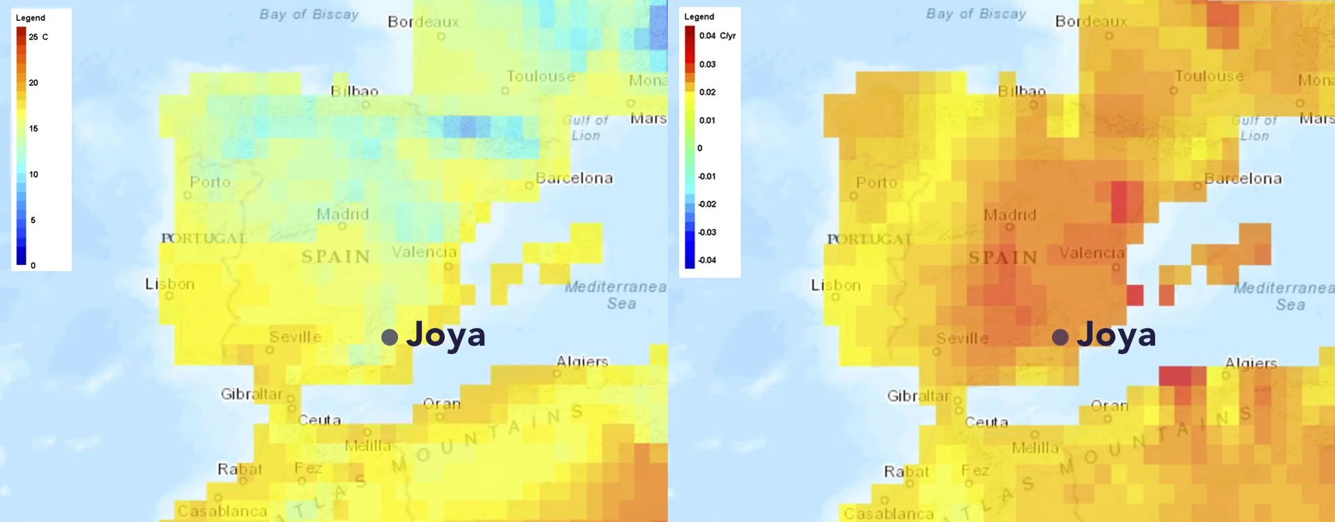 Composite image of climate data from www.climatewizard.org. Left map shows Average Annual Temperature 1951 - 2002 (degrees C); right map shows Change in Annual Temperature 1951 - 2002 (degrees C/year). Source: www.climatewizard.org