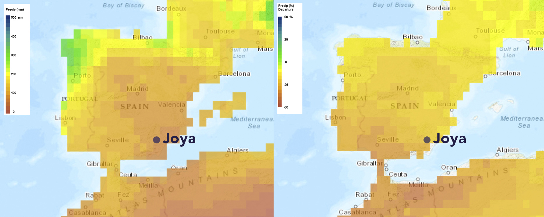 Composite image of climate data from www.climatewizard.org. Left map shows: Average Annual Precipitation 1951 - 2002 (mm) Right shows: Change in Annual Precipitation by the 2080s (% change). Source: www.climatewizard.org
