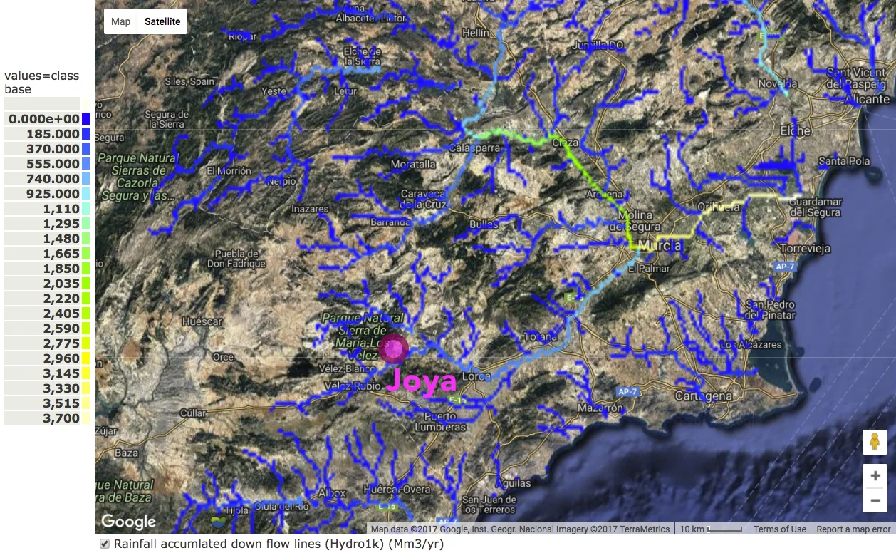 Rainfall accumulated down flow lines, mm3/yr, Almeria and Murcia regions, Southern Spain. Dark blue = zero rainfall accumulated; bright yellow = 3700mm3/year. Source: derived from Policy Support Systems , Mulligan and Burke, Kings College London.