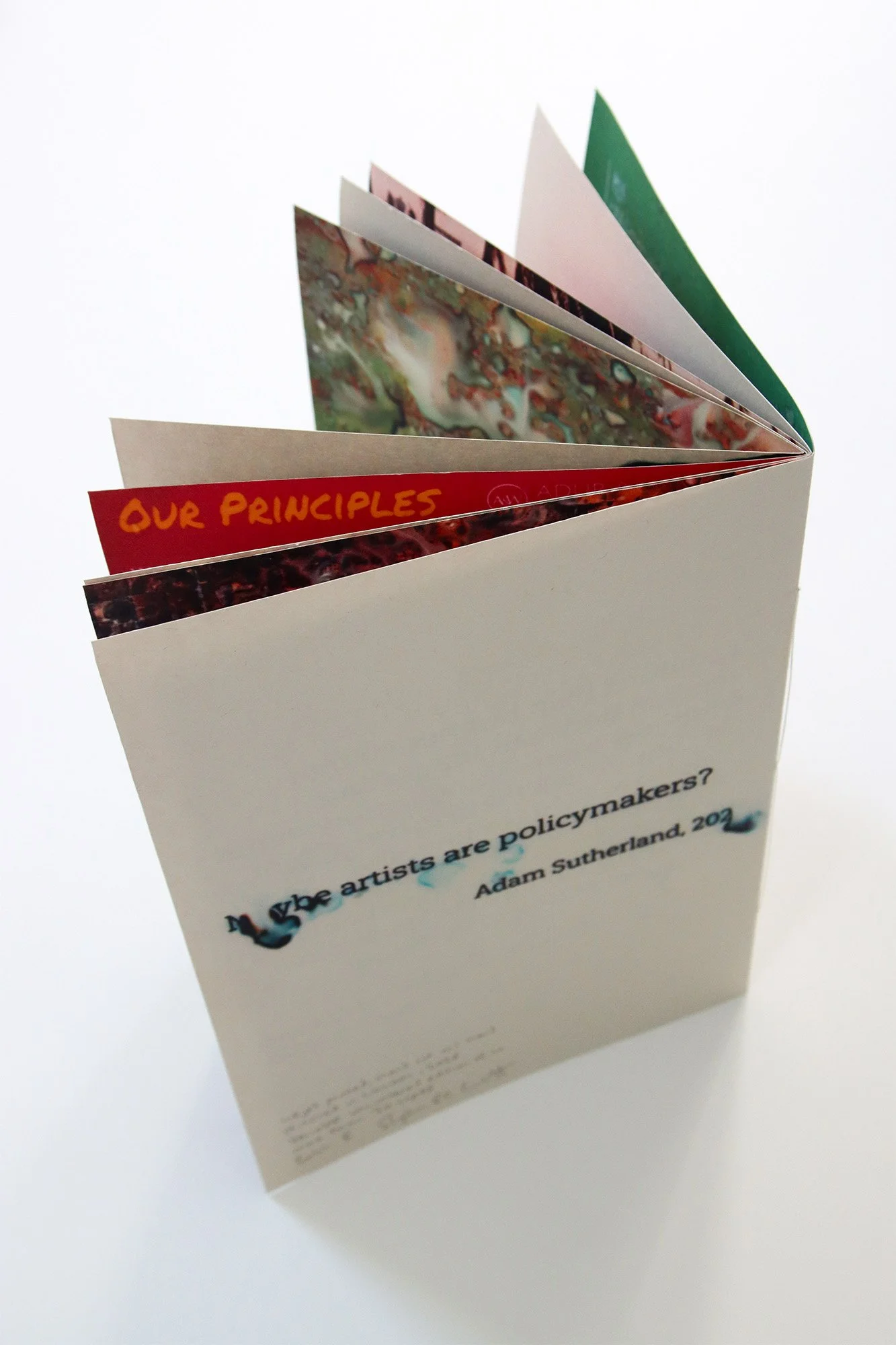 Rear view of the partly open Structure and Chaos artist book, with its pages fanning out and altered policy imagery visible inside.