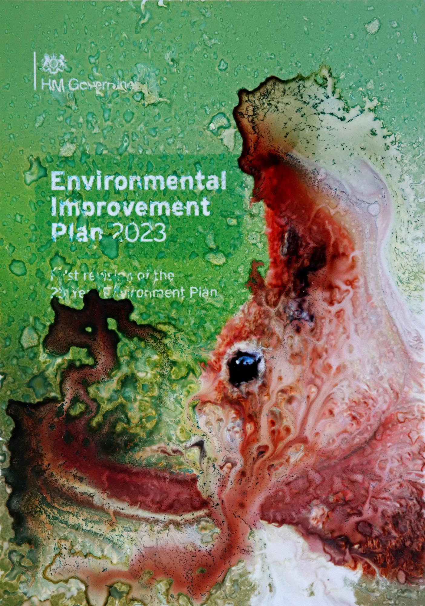 Altered Environmental Improvement Plan 2023 cover, with green policy graphics disrupted by a large flowing red, pink and black form created with water.