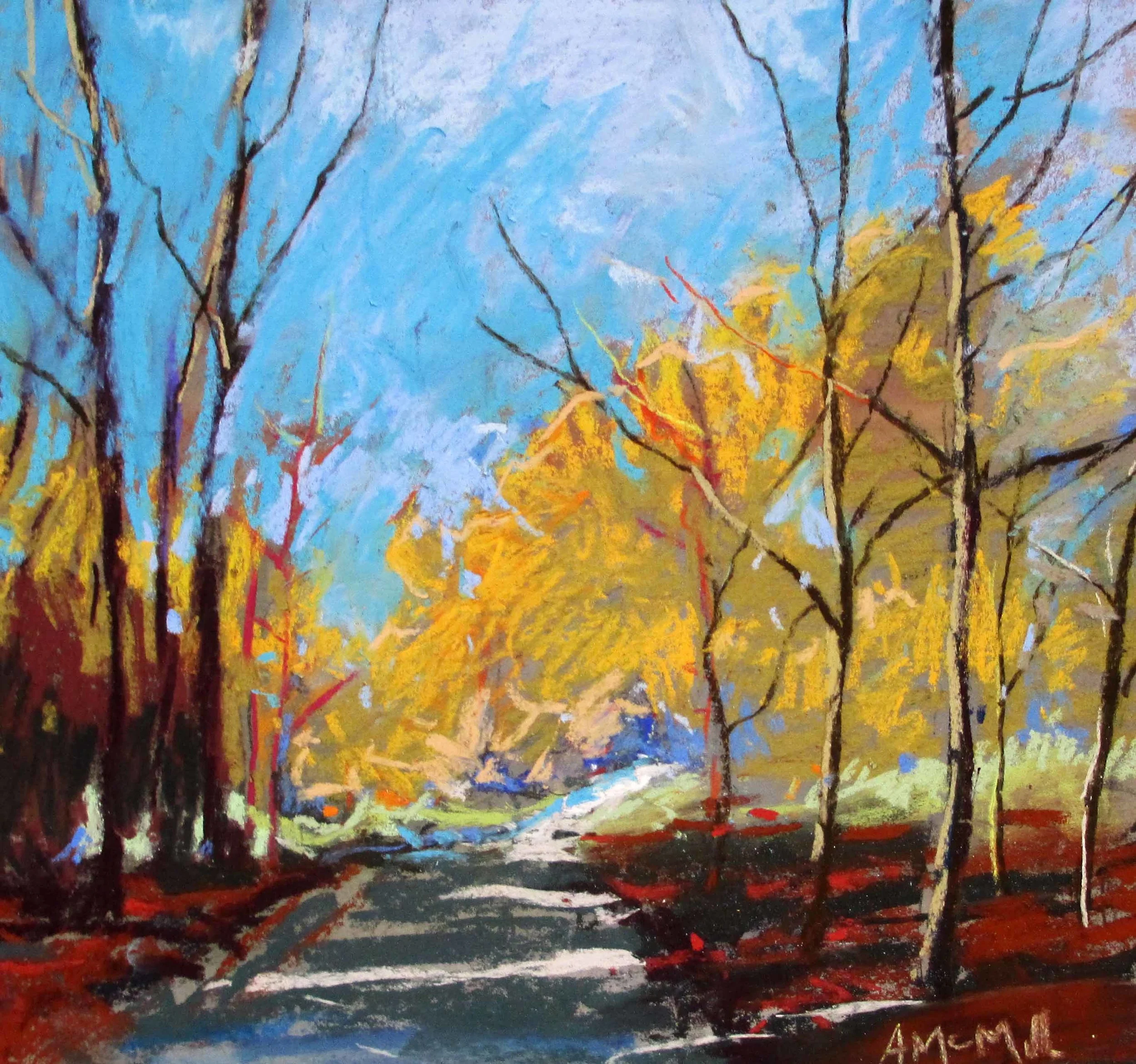 Walk in the Winter woods, 12 x 12 inches, pastel.