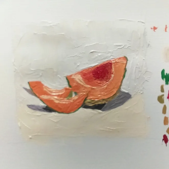 A student studies the colors of cantalope... I love the swatch checks on the right...