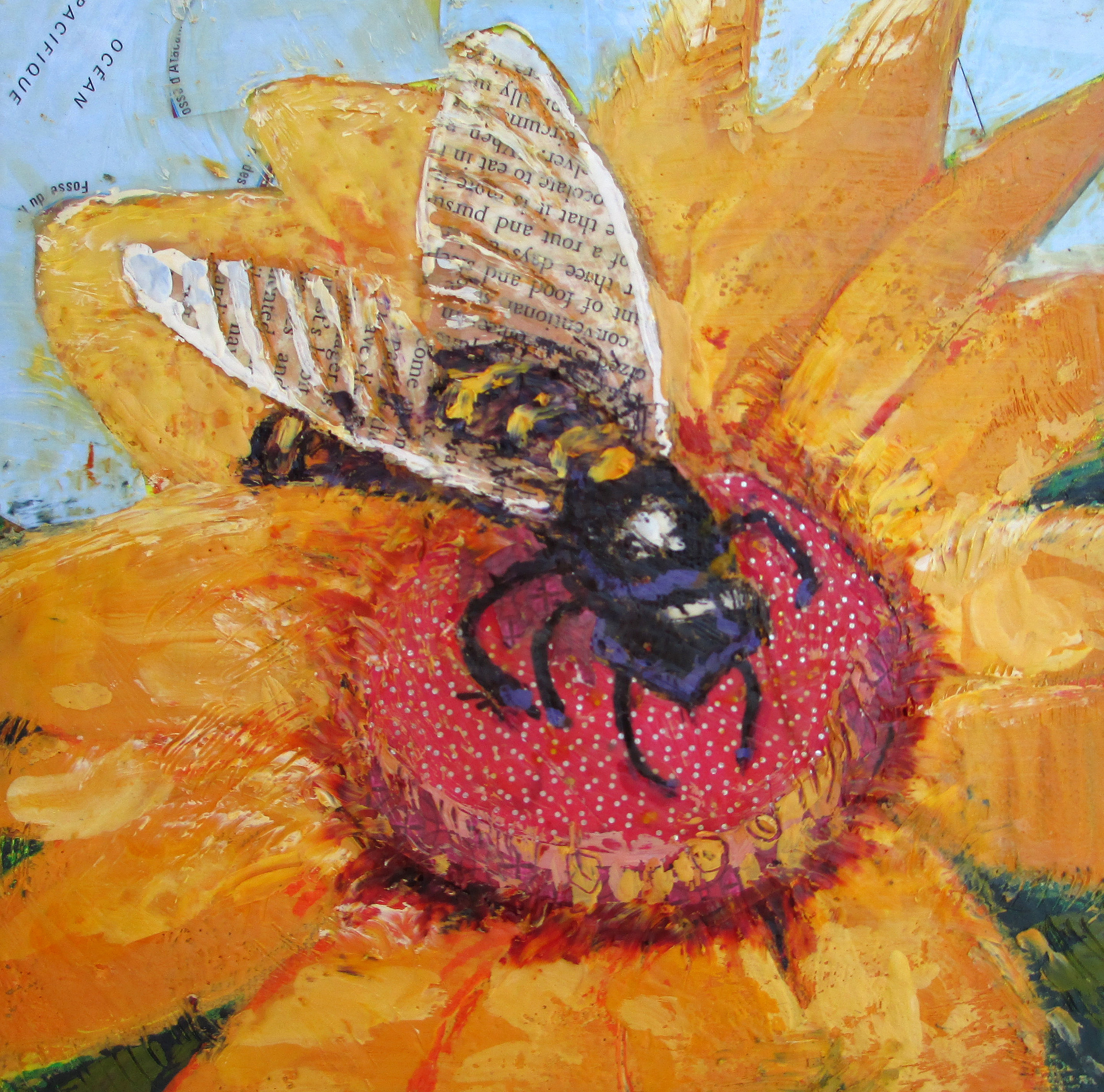 McMillan mixed media and collage Bee on the Map  6 x 6 inches encaustic and collage.jpg
