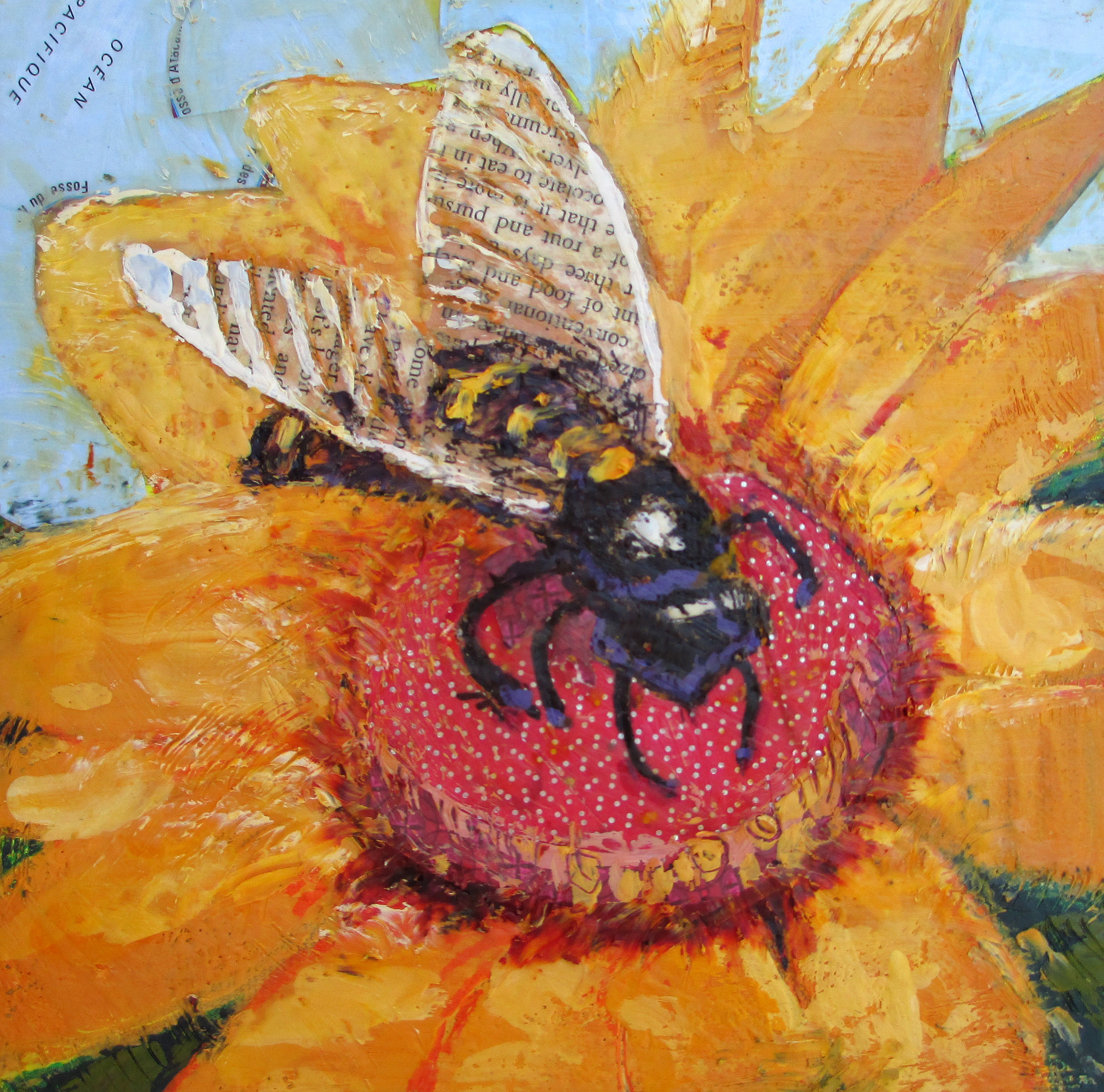McMillan mixed media and collage Bee on the Map 6 x 6 inches encaustic and collage.jpg