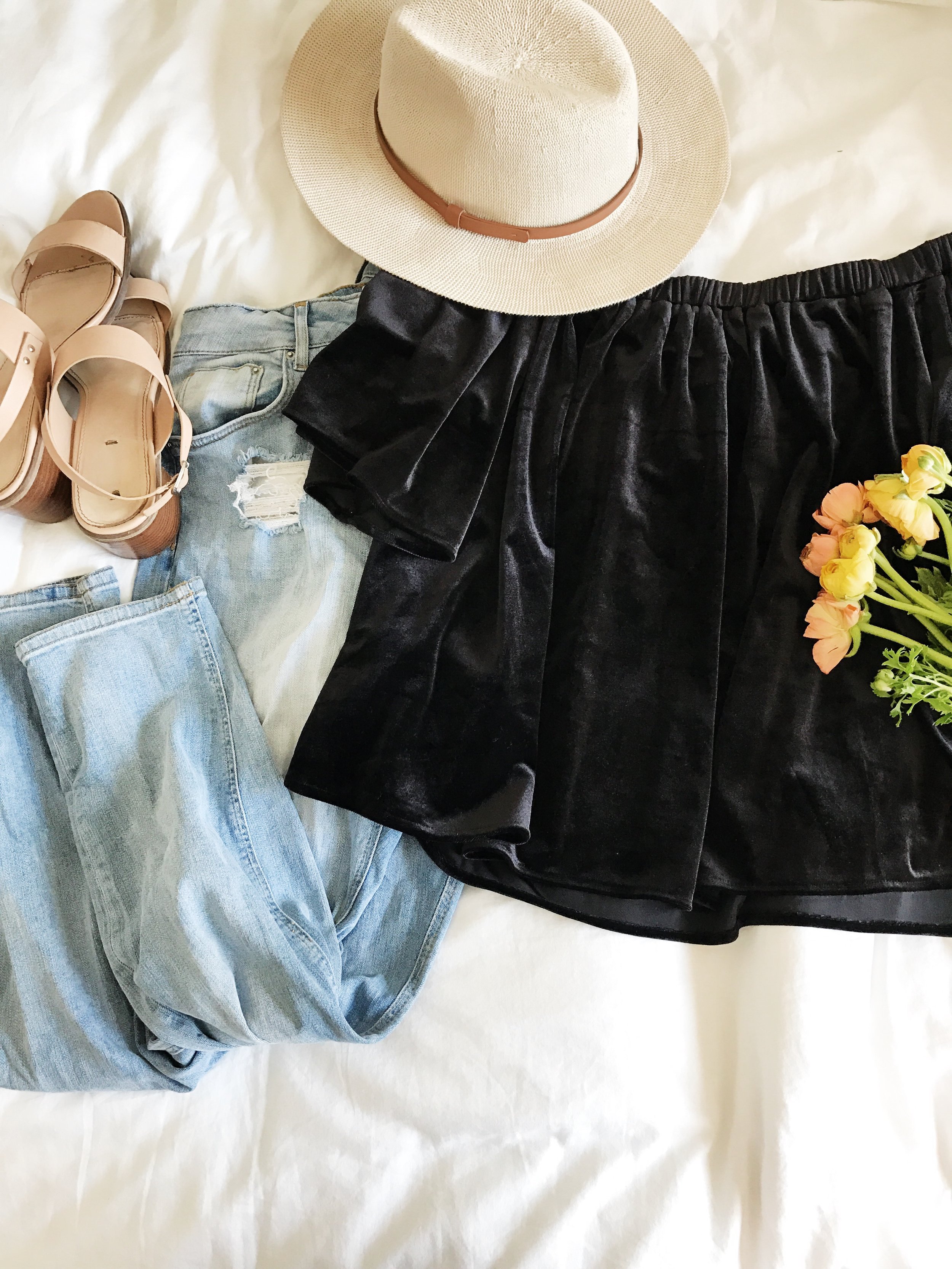 ARRIVAL Velvet off the shoulder top // mom jeans Perfect and relaxed for our first day exploring the city. Hat because my hair is always messy after a flight. If needed, I would pair with my leather jacket.